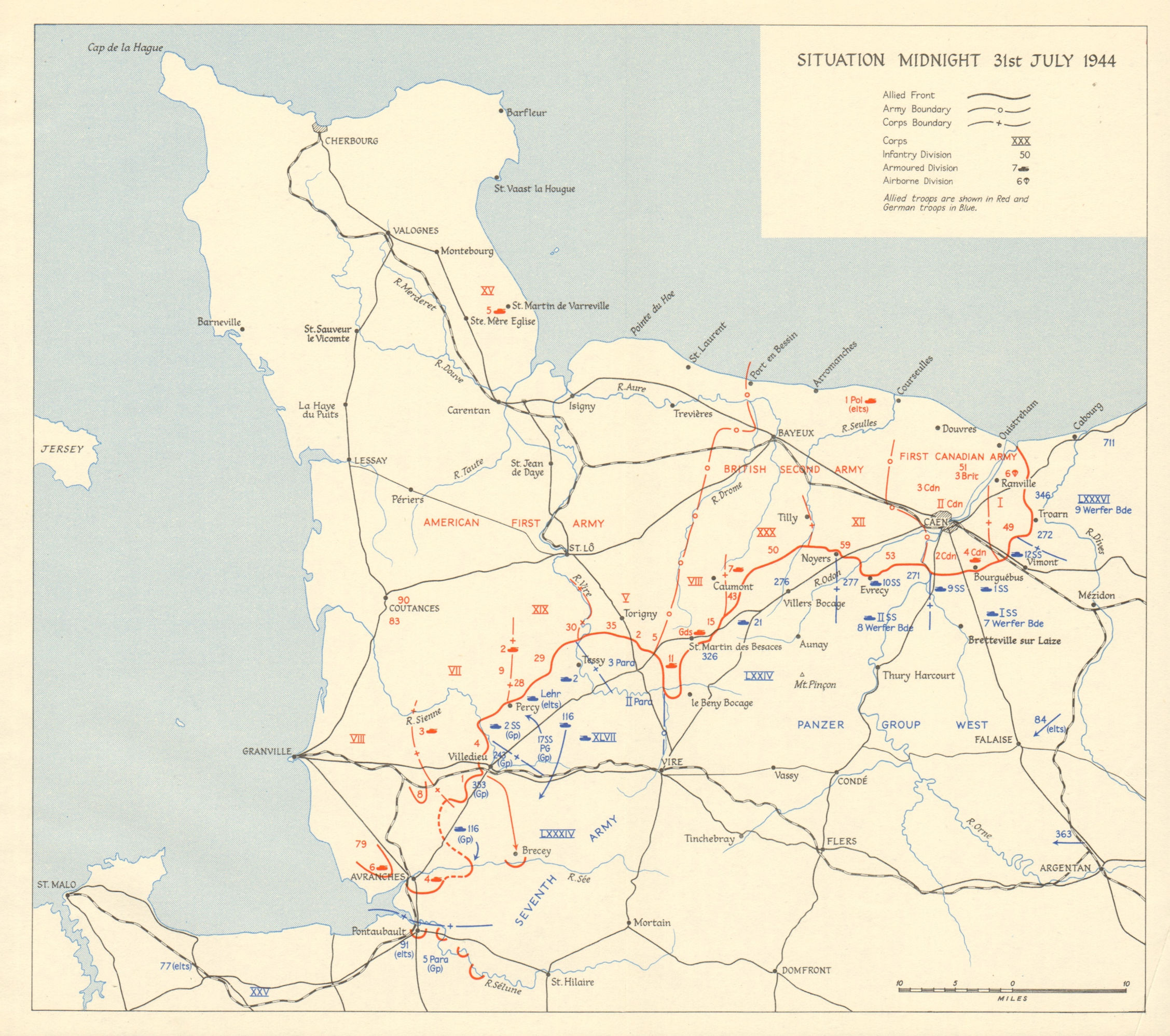 Associate Product D-Day Normany landings. Situation midnight 31 July 1944. Overlord 1962 old map