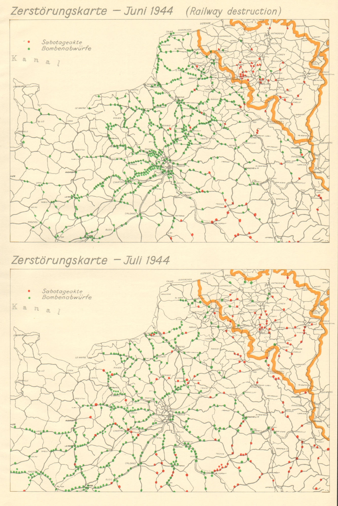 Associate Product Zerstörungskarte June & July 1944 Railway Destruction France Belgium 1962 map