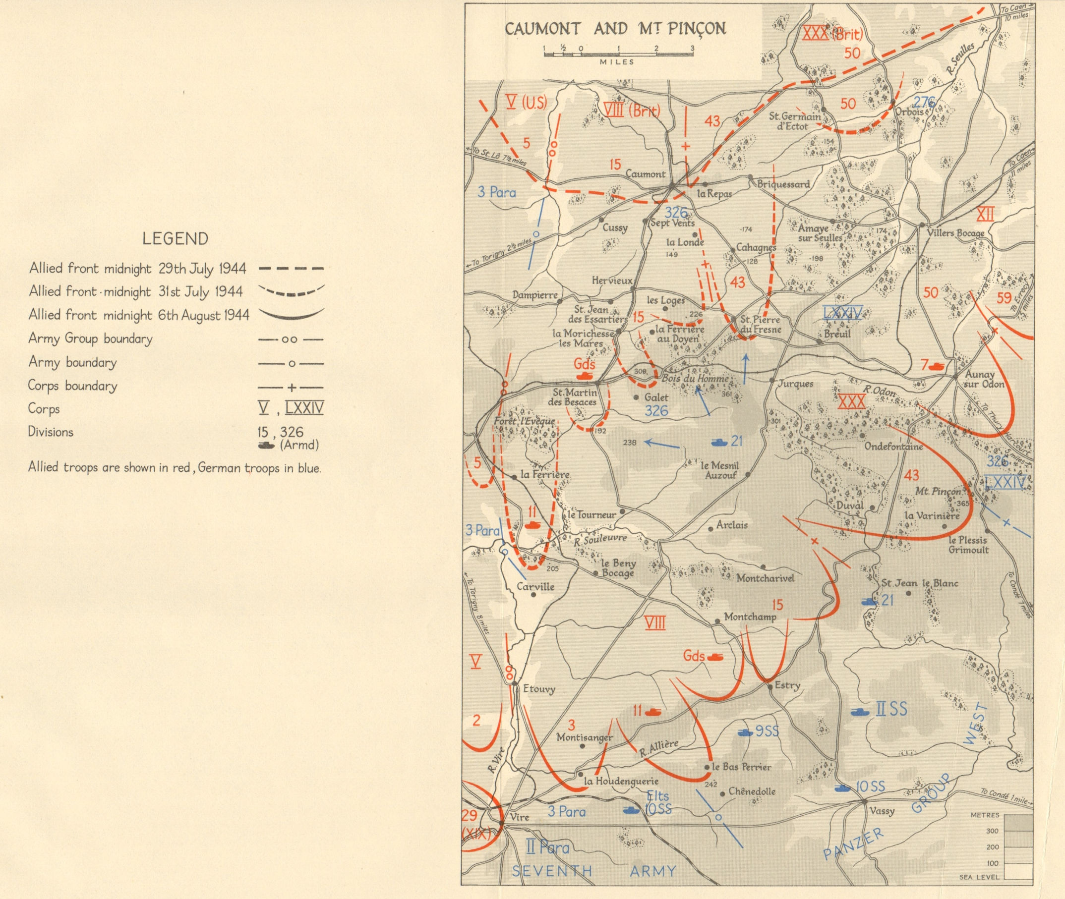 Operation Bluecoat. Caumont & Mt. Pinçon 29 July-6 August 1944 Normandy 1962 map