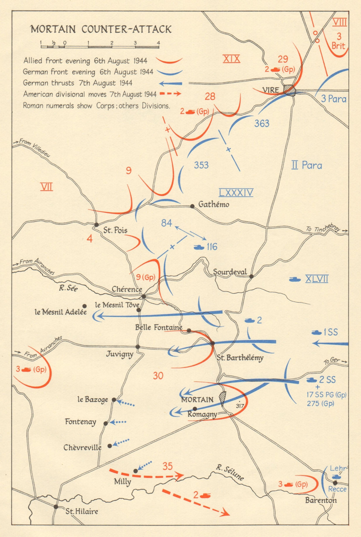 Associate Product Operation Lüttich. Mortain counter-attack 6-7 August 1944. Normandy 1962 map
