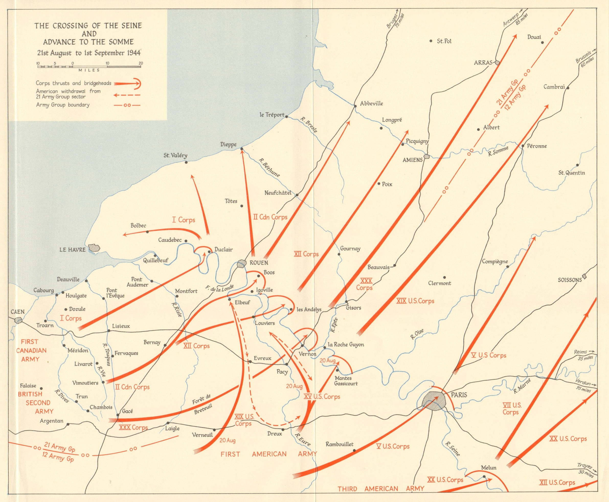 Overlord Normandy Crossing Seine Advance to Somme 21 Aug-1 Sept 1944 1962 map