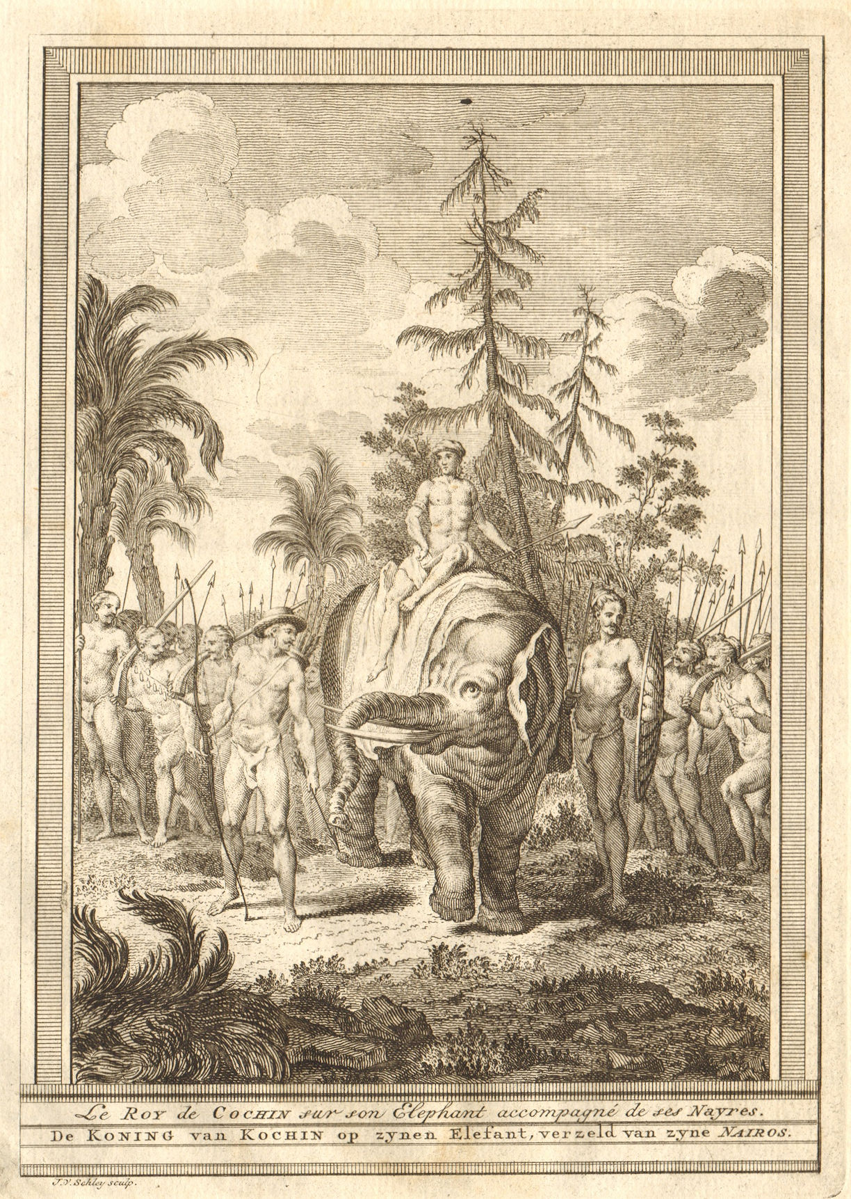 'Le Roy de Cochin sur son Elephant'. Kerala. King of Kochi & nayres. SCHLEY 1747