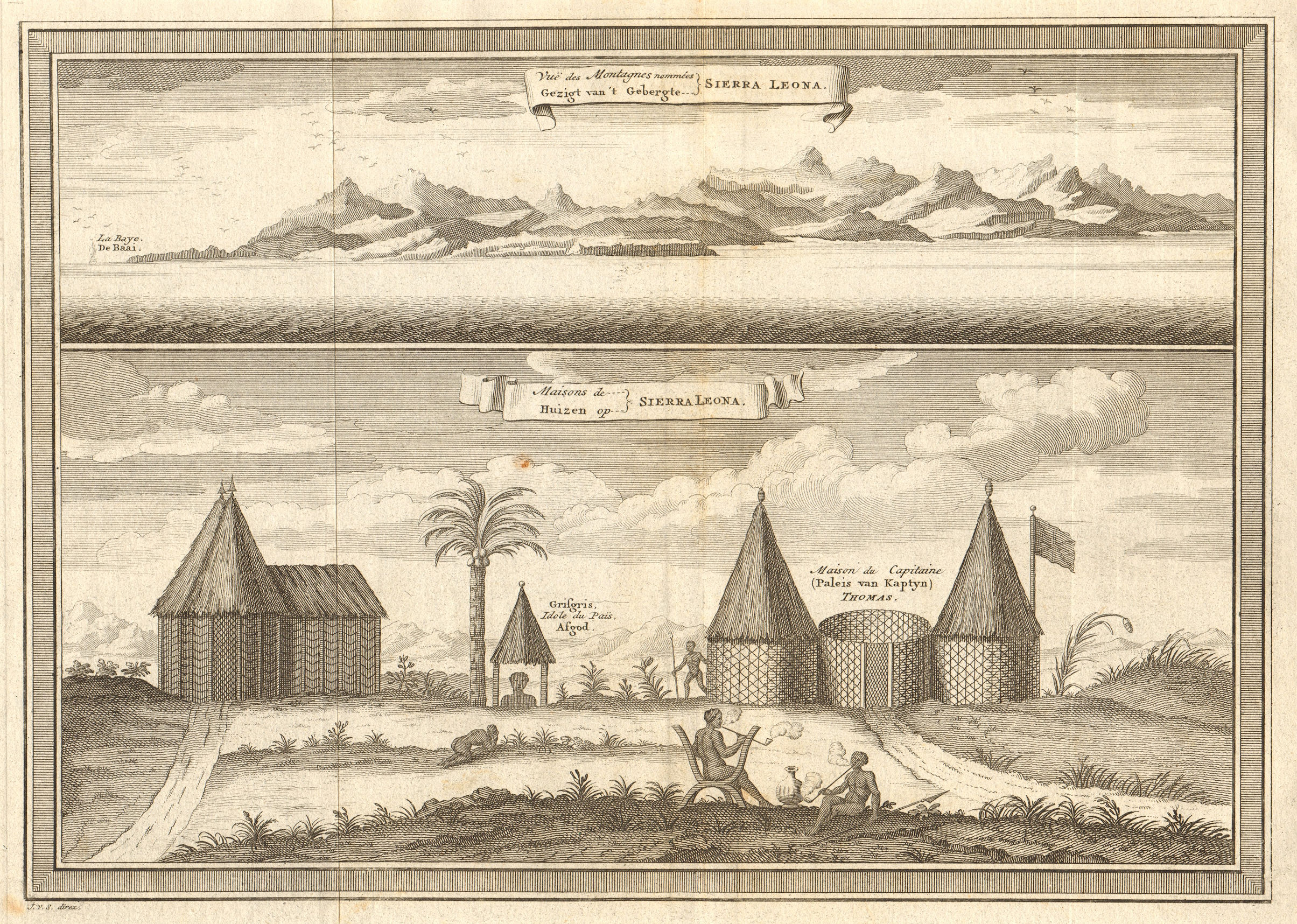 View of the mountains & coast of Sierra Leone. Houses. SCHLEY 1747 old print