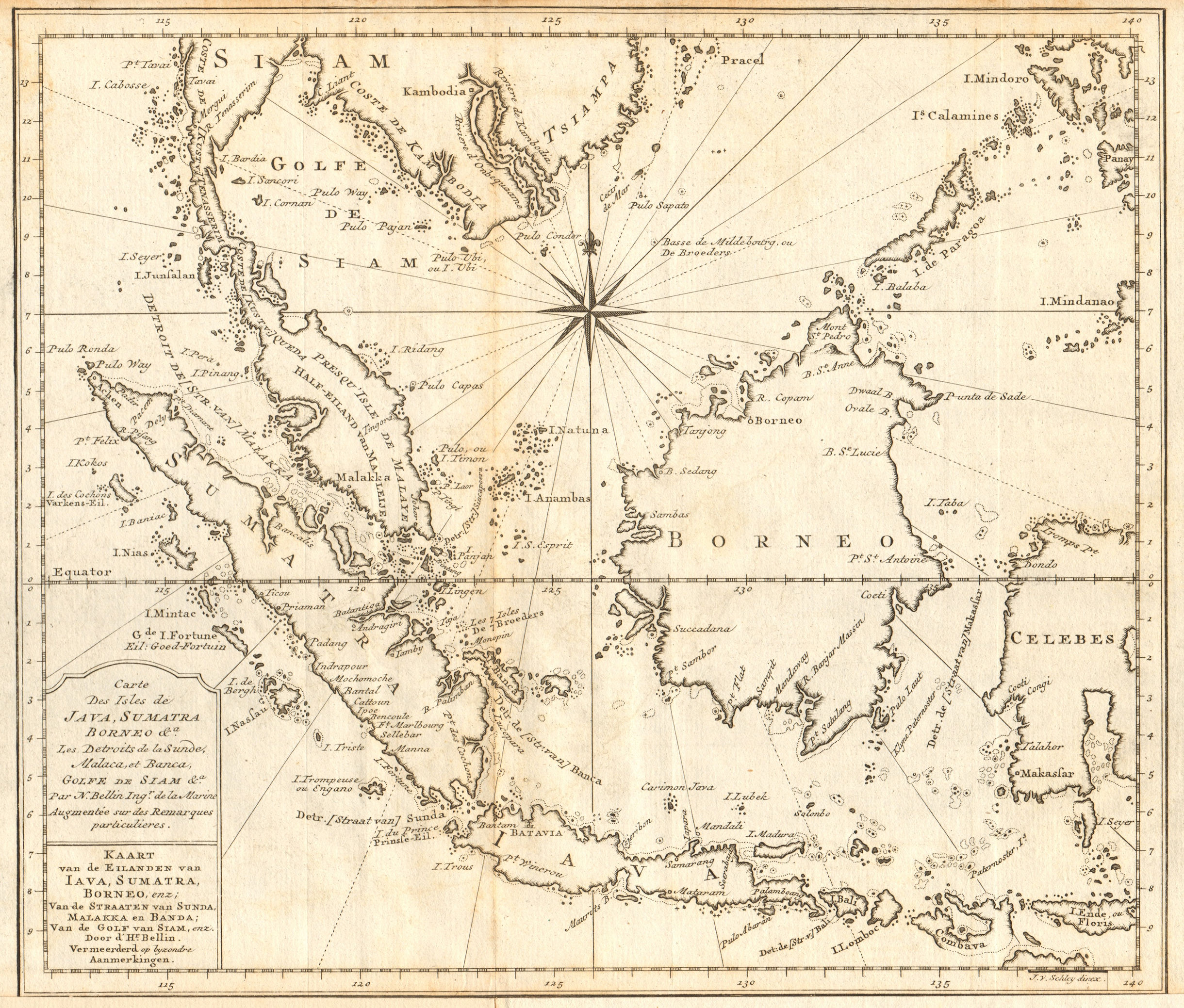 'Isles de Java, Sumatra, Borneo' Malaysia Indonesia BELLIN/SCHLEY 1747 old map