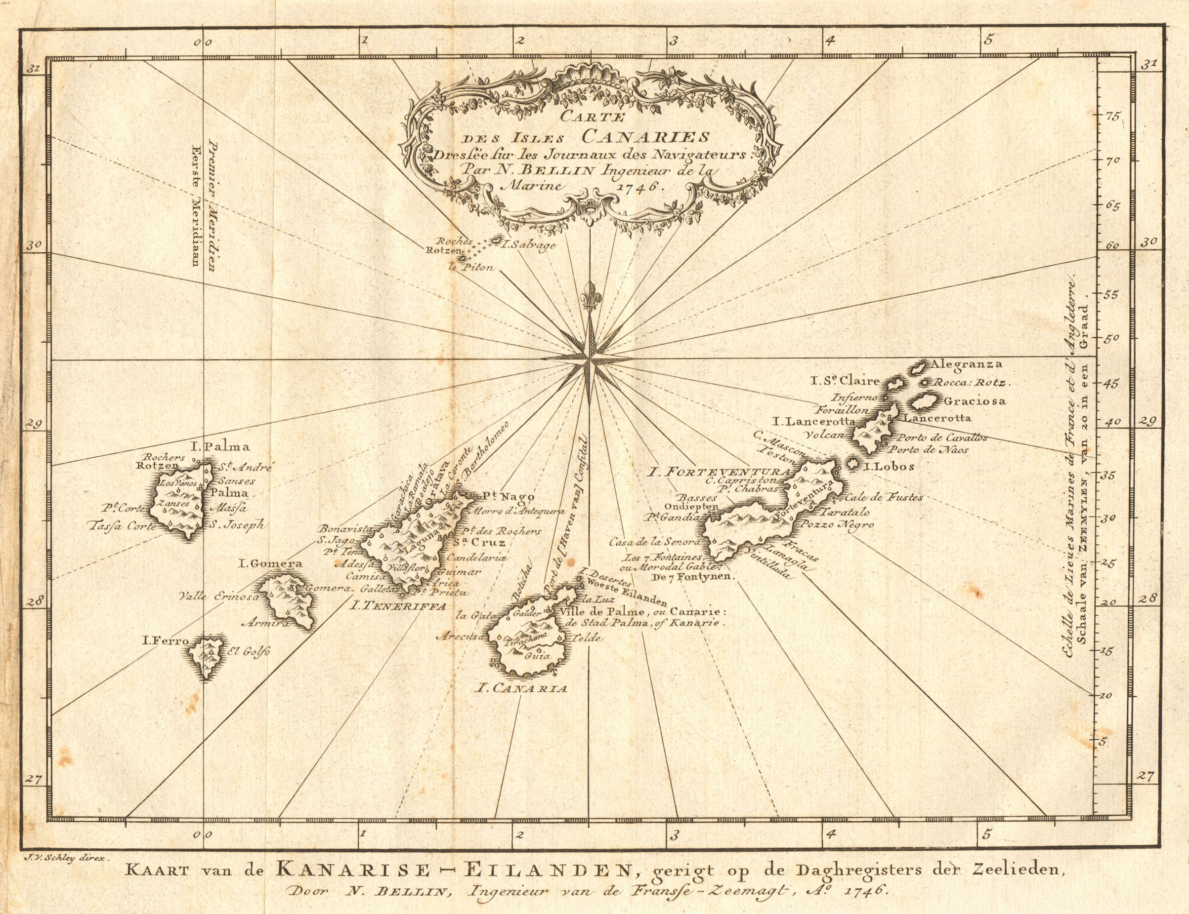 'Carte des Isles Canaries'. Canary Islands, Spain. BELLIN/SCHLEY 1747 old map