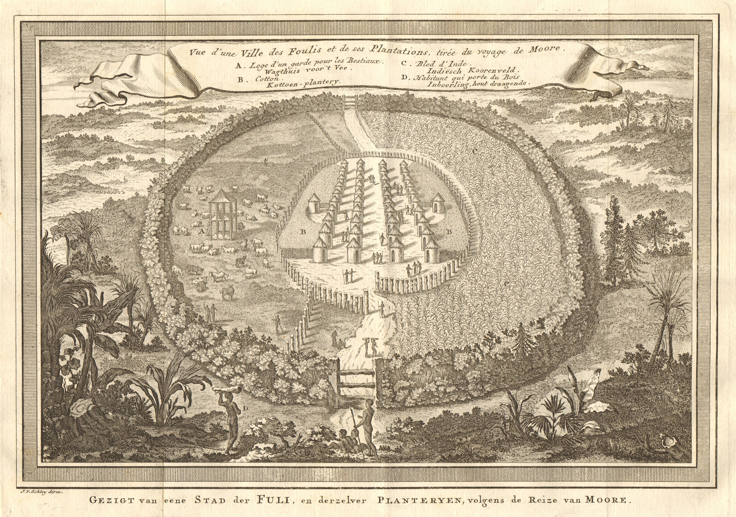 'Une Ville des Foulis…'. Gambia. Fulani town. Cotton plantations. SCHLEY 1747