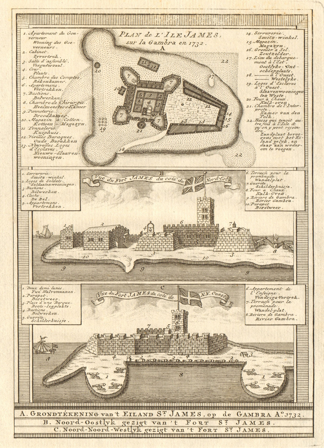 Fort James, Kunta Kinteh Island, Gambia River. Gambra. BELLIN/SCHLEY 1747 map
