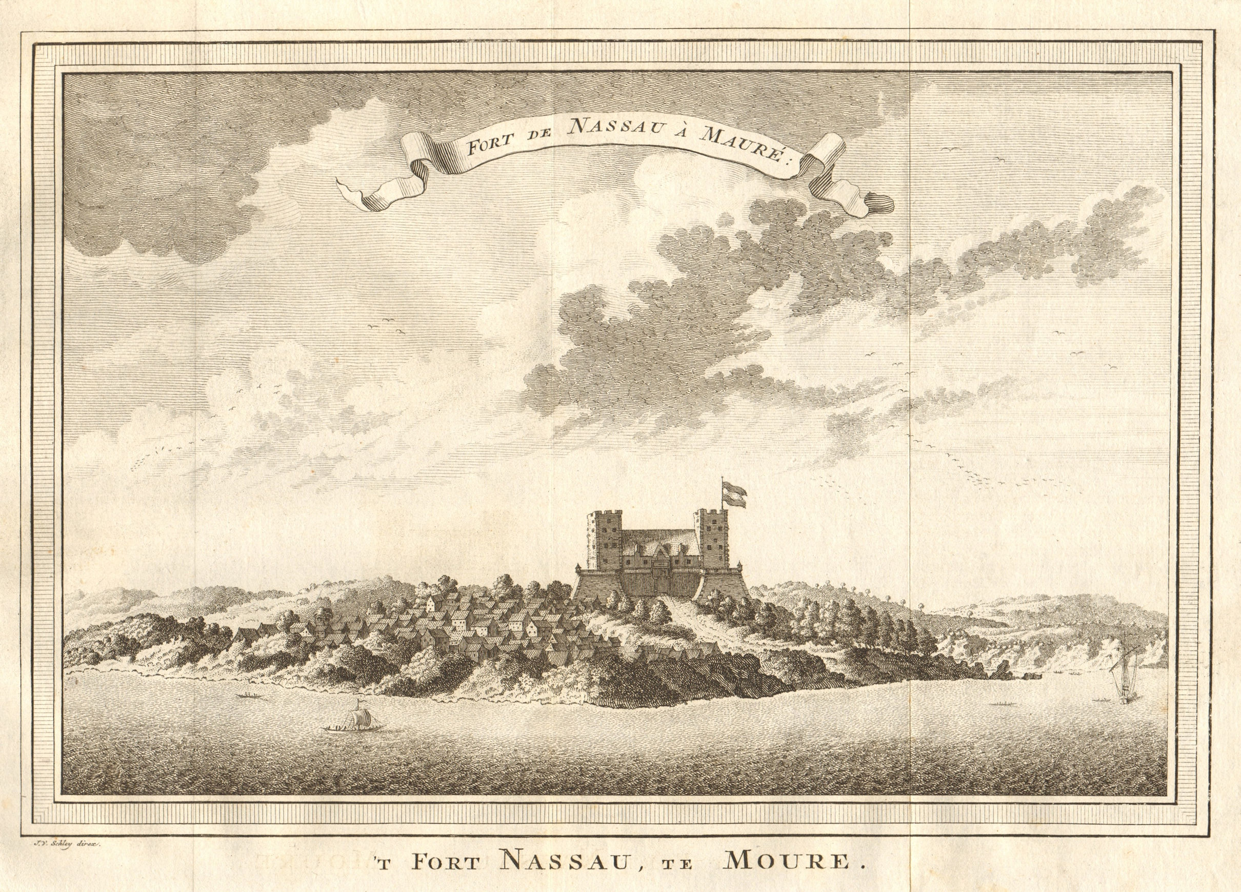 'Fort de Nassau à Maure'. Fort Nassau, at Moree, Ghana. SCHLEY 1747 old print