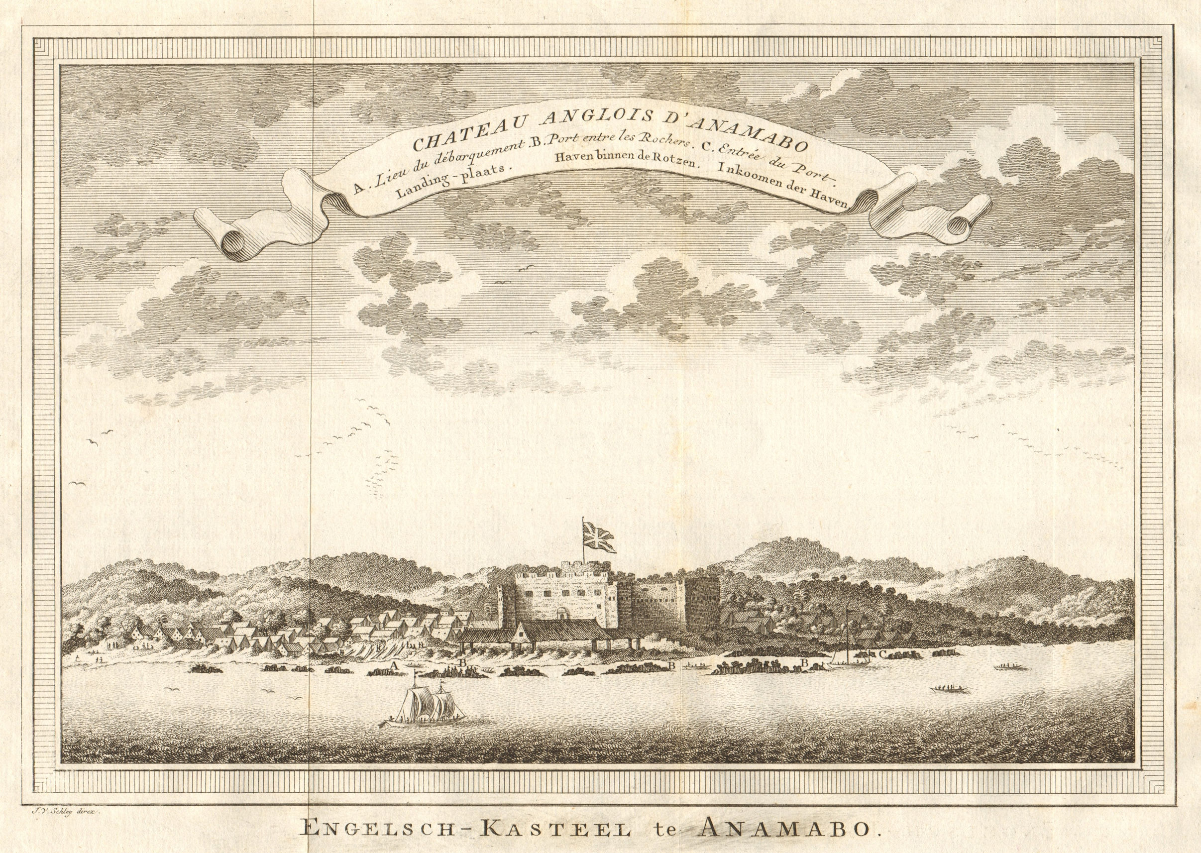 Chateau Anglois d’Anamabo. Fort Charles (now William) Anomabu Ghana. SCHLEY 1747