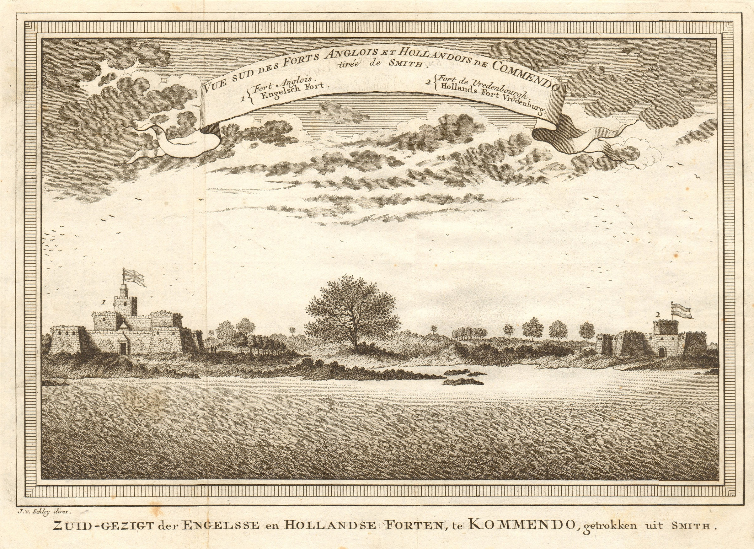 Associate Product English Fort Komenda & Dutch Fort Vredenburg, Ghana. Commendo. SCHLEY 1748