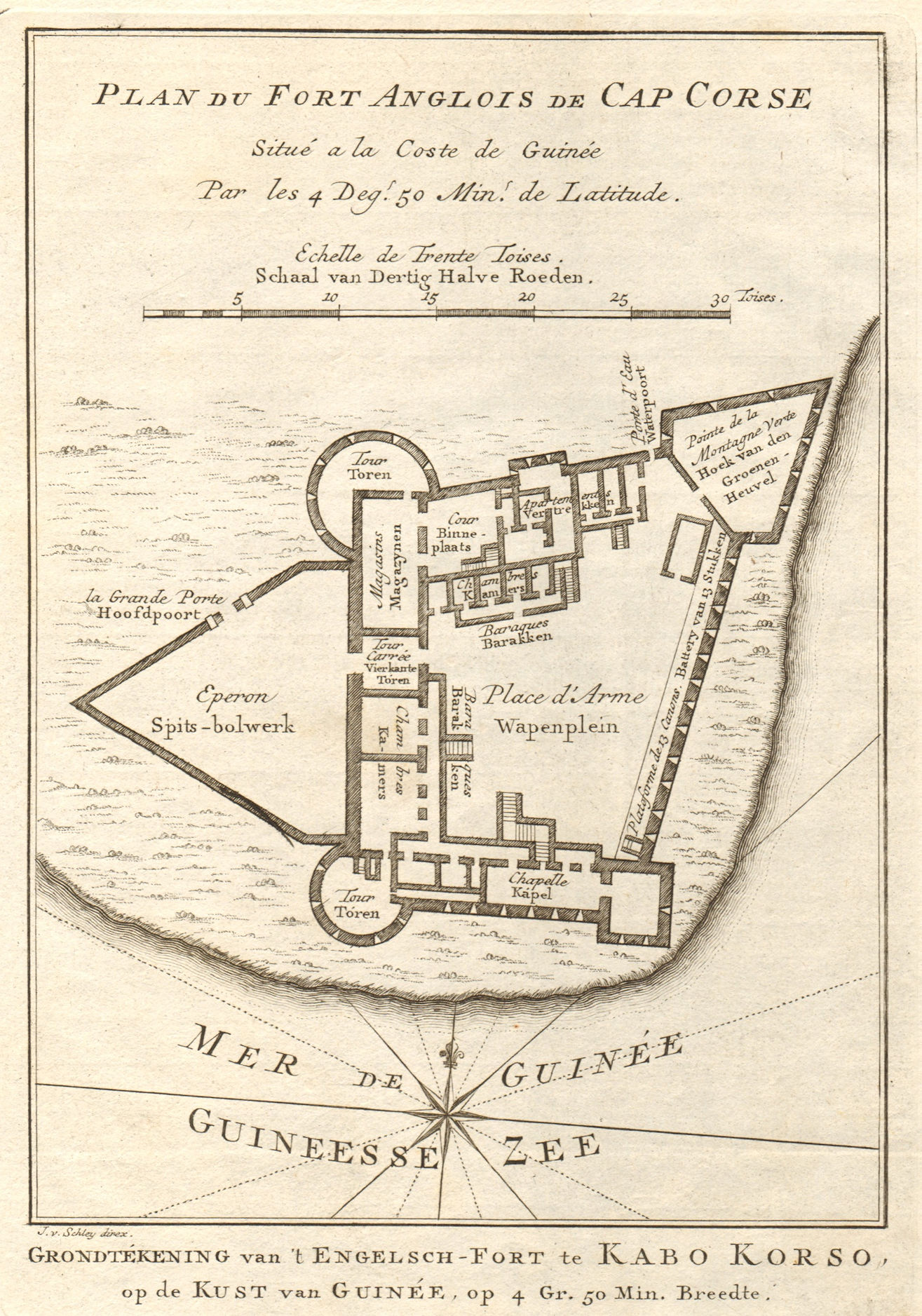 Associate Product 'Fort Anglois de Cap Corse'. Cape Coast Castle, Ghana BELLIN/SCHLEY 1748 map