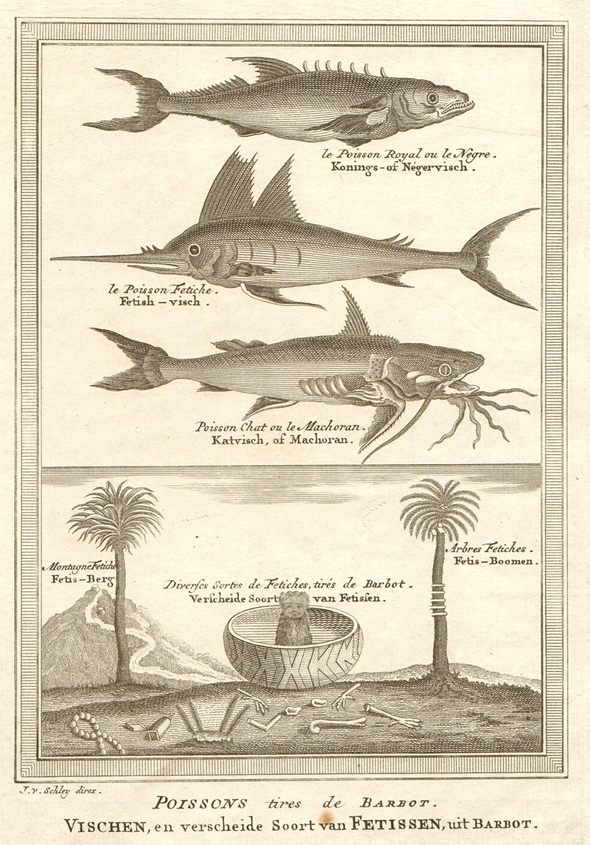 Associate Product West Africa. Kingfish Swordfish Gillbacker sea catfish. Fetish tree. SCHLEY 1748