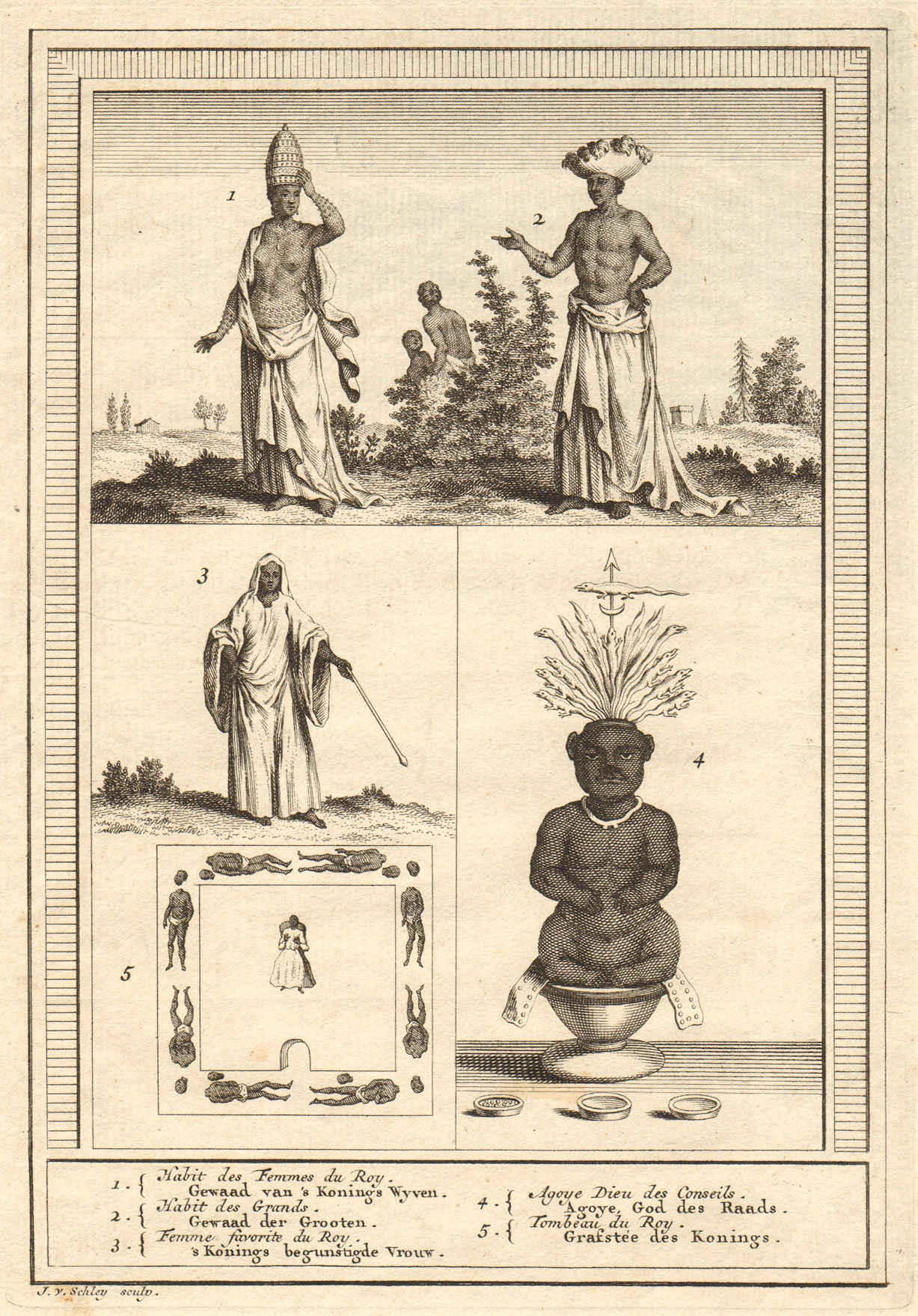 Associate Product Benin costume. Whydah. King's wives. Grandees. Agoye God of Counsel. SCHLEY 1748