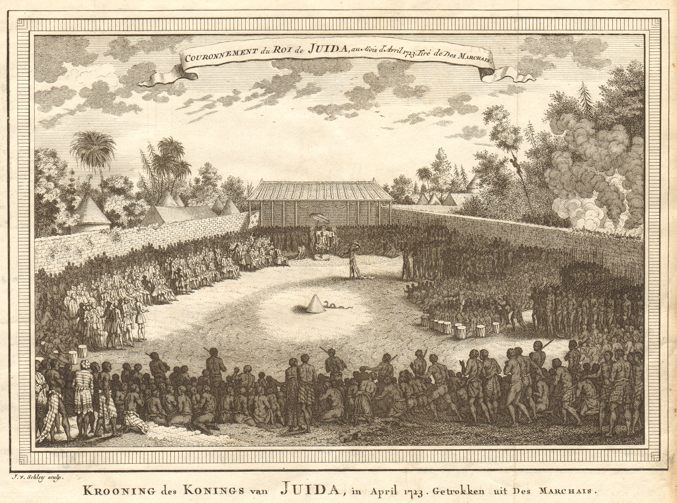 Benin. Coronation of King Haffon of Whydah. Ouidah. SCHLEY 1748 old print