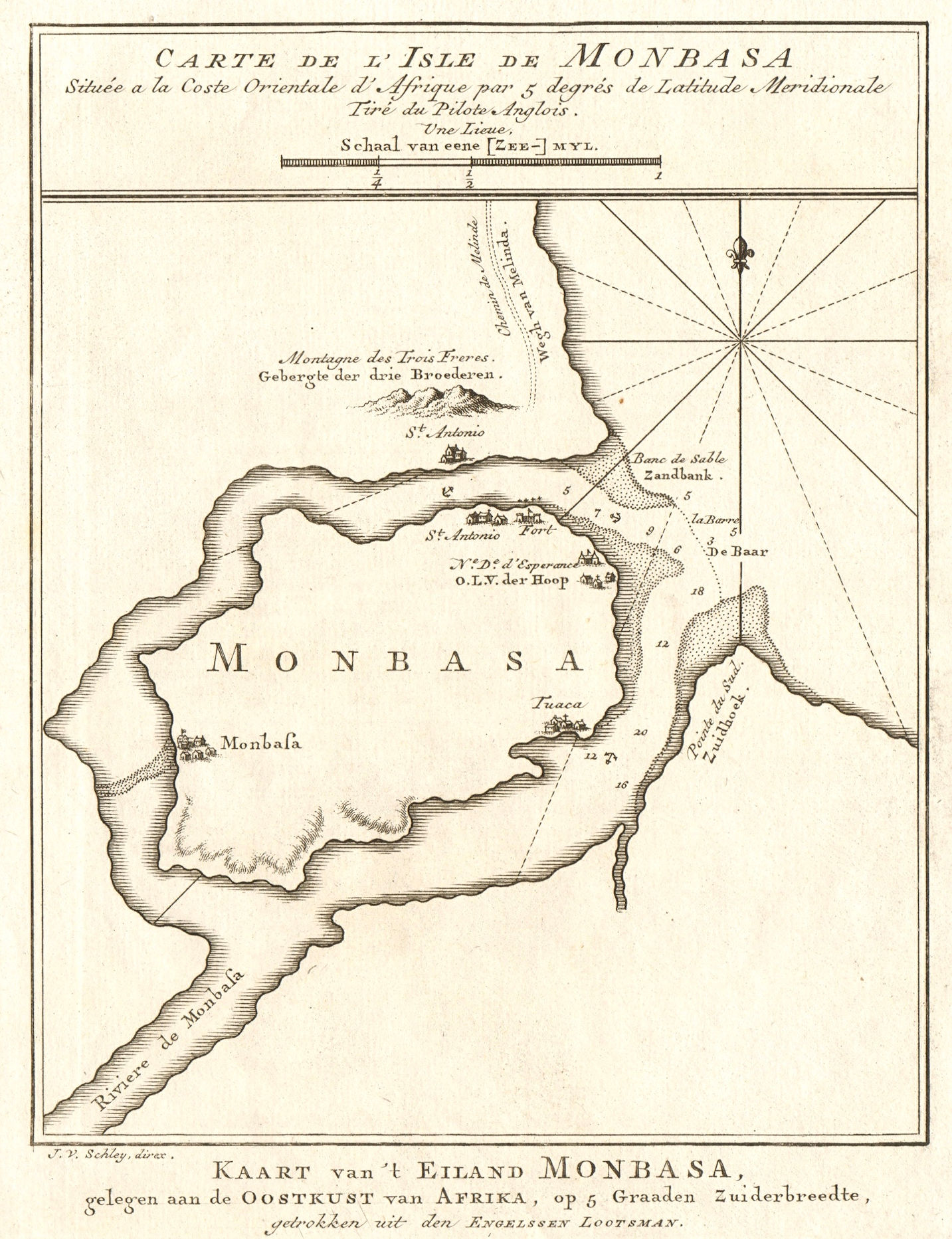 'Carte de I'isle de Monbasa'. Mombasa Island, Kenya. BELLIN/SCHLEY 1748 map
