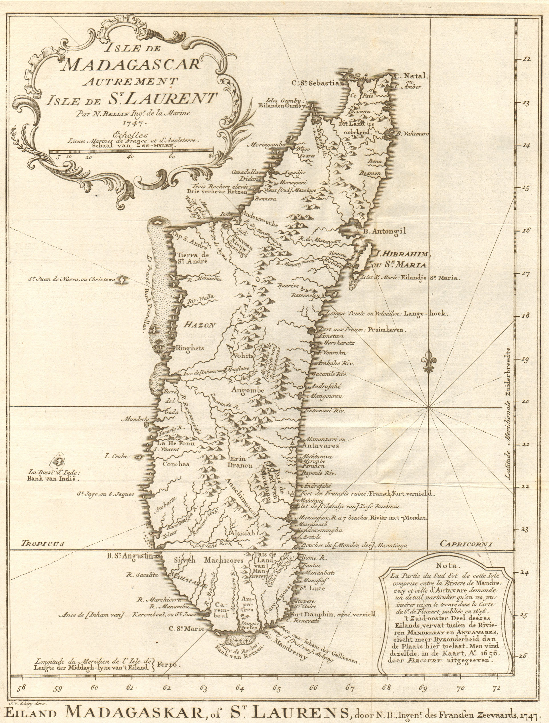 'Isle de Madagascar, autrement Isle de St. Laurent'. BELLIN/SCHLEY 1748 map