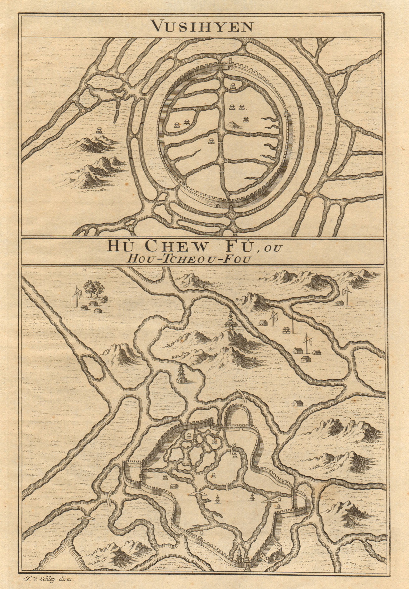 'Vusihyen; Hu-chew-fu…'. Wuxi & Huzhou city plans. China BELLIN/SCHLEY 1749 map