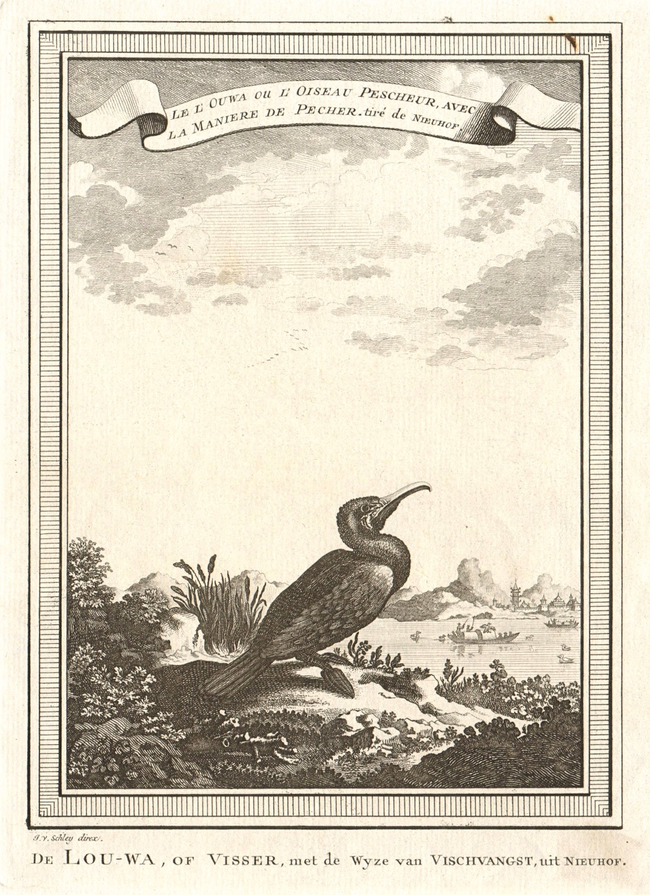 China. The Cormorant or fishing bird, with the method of fishing. SCHLEY 1749
