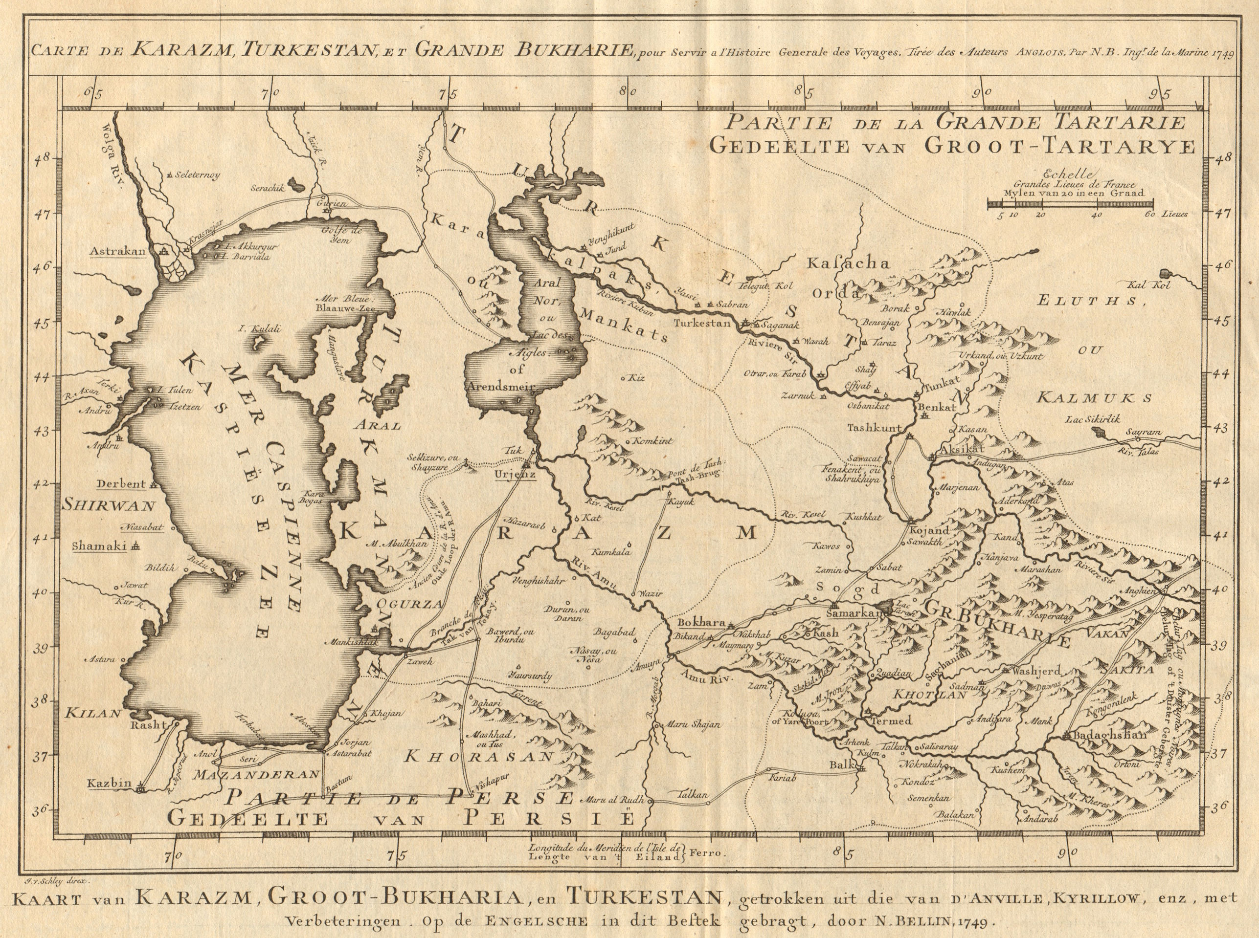 'Karazm, Turkestan & Grande Bukkarie'. Central Asia. BELLIN/SCHLEY 1749 map