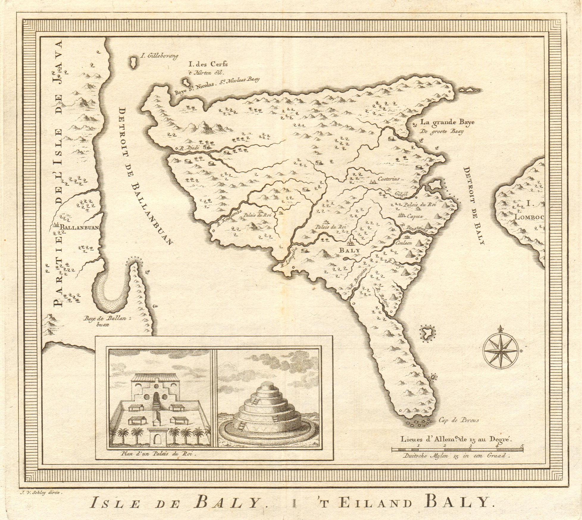 'Isle de Baly ou Petite-Java'. Bali, Indonesia. BELLIN/SCHLEY 1753 old map