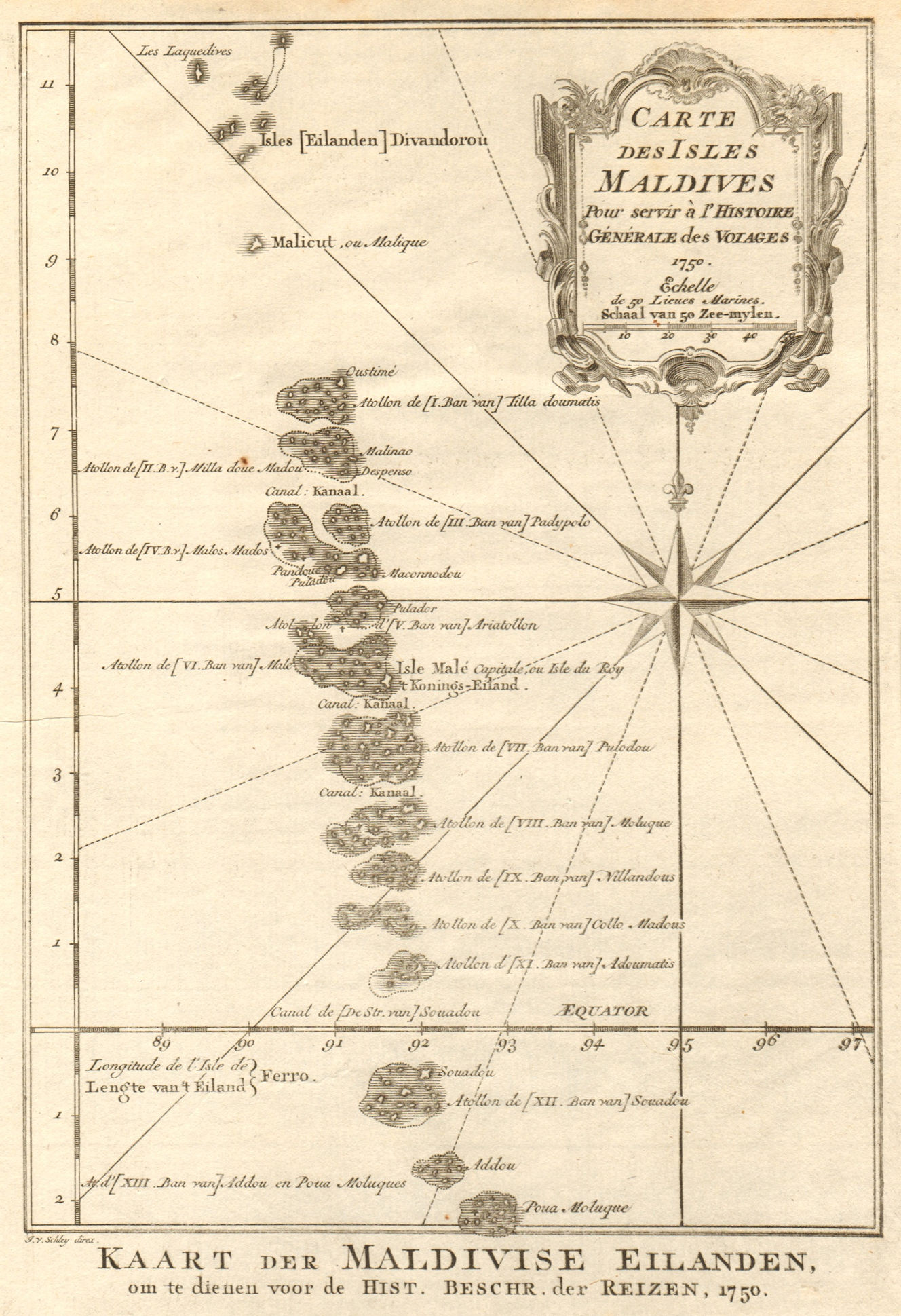 'Carte des Isles Maldives'. BELLIN / SCHLEY 1753 old antique map plan chart