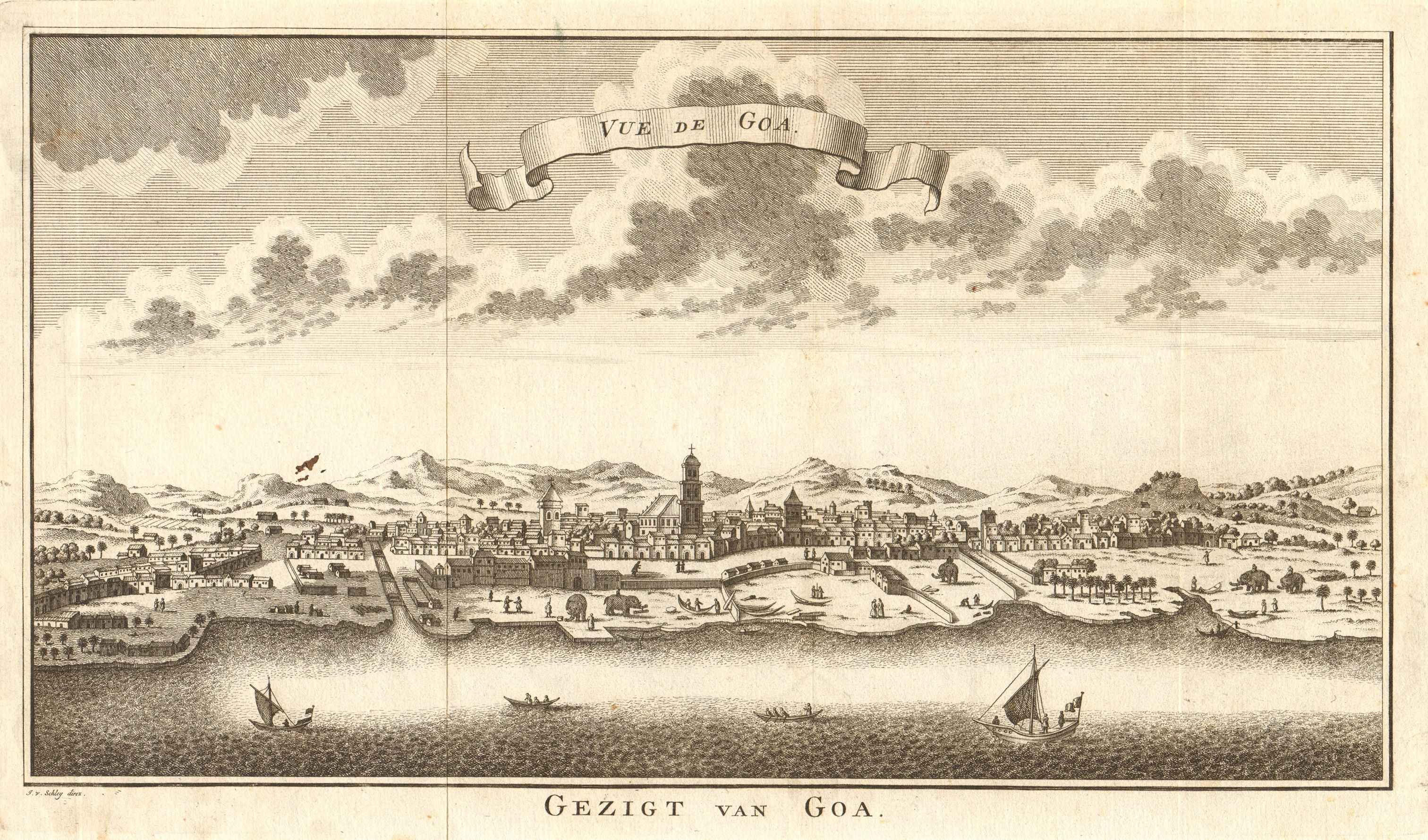 'Vue de Goa'. India. View of Goa. SCHLEY 1753 old antique print picture