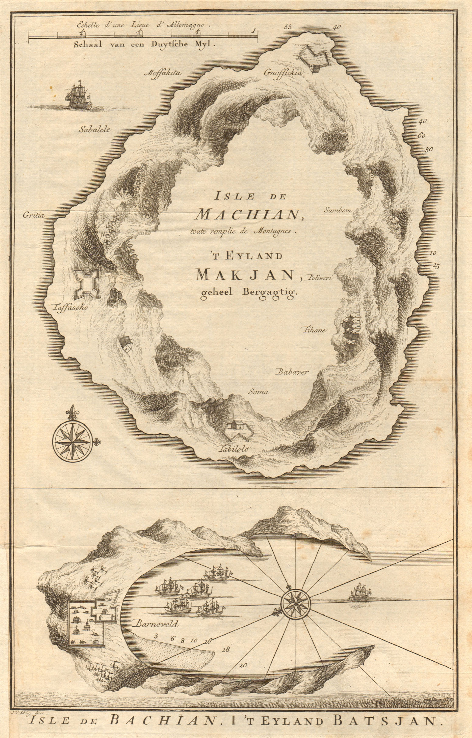 Associate Product 'Isles de Machian & de Bachian'. Makian & Bacan, Maluku. BELLIN/SCHLEY 1755 map
