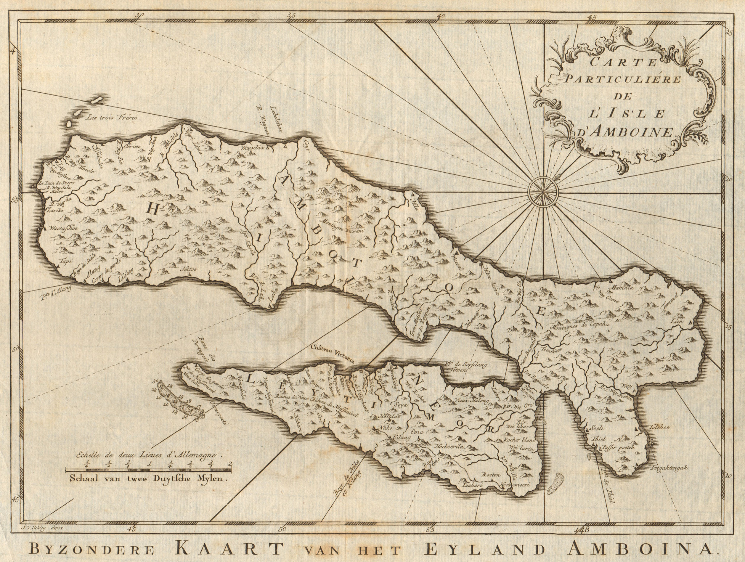 'Carte particulière de I’lsle d’Amboine'. Ambon, Maluku. BELLIN/SCHLEY 1755 map