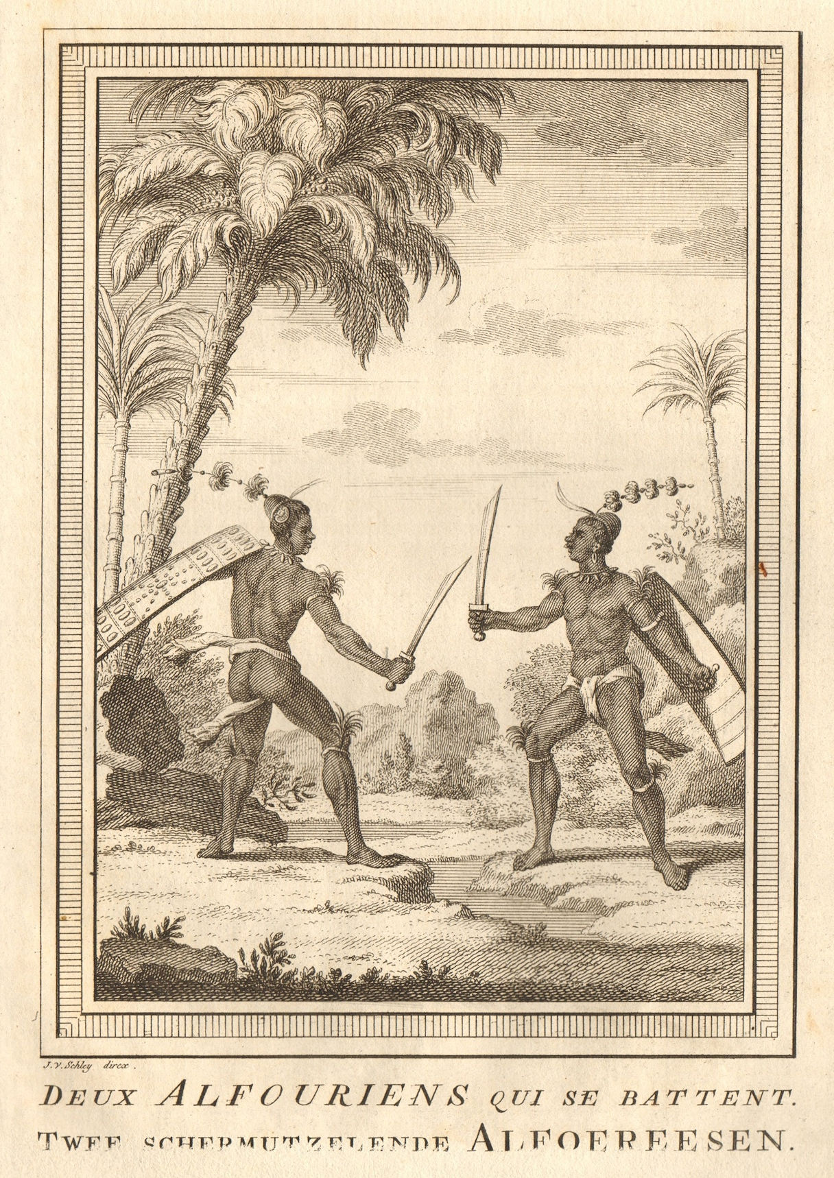 'Deux Alfouriens qui se battent'. Nuaulu fighting. Seram, Maluku. SCHLEY 1755