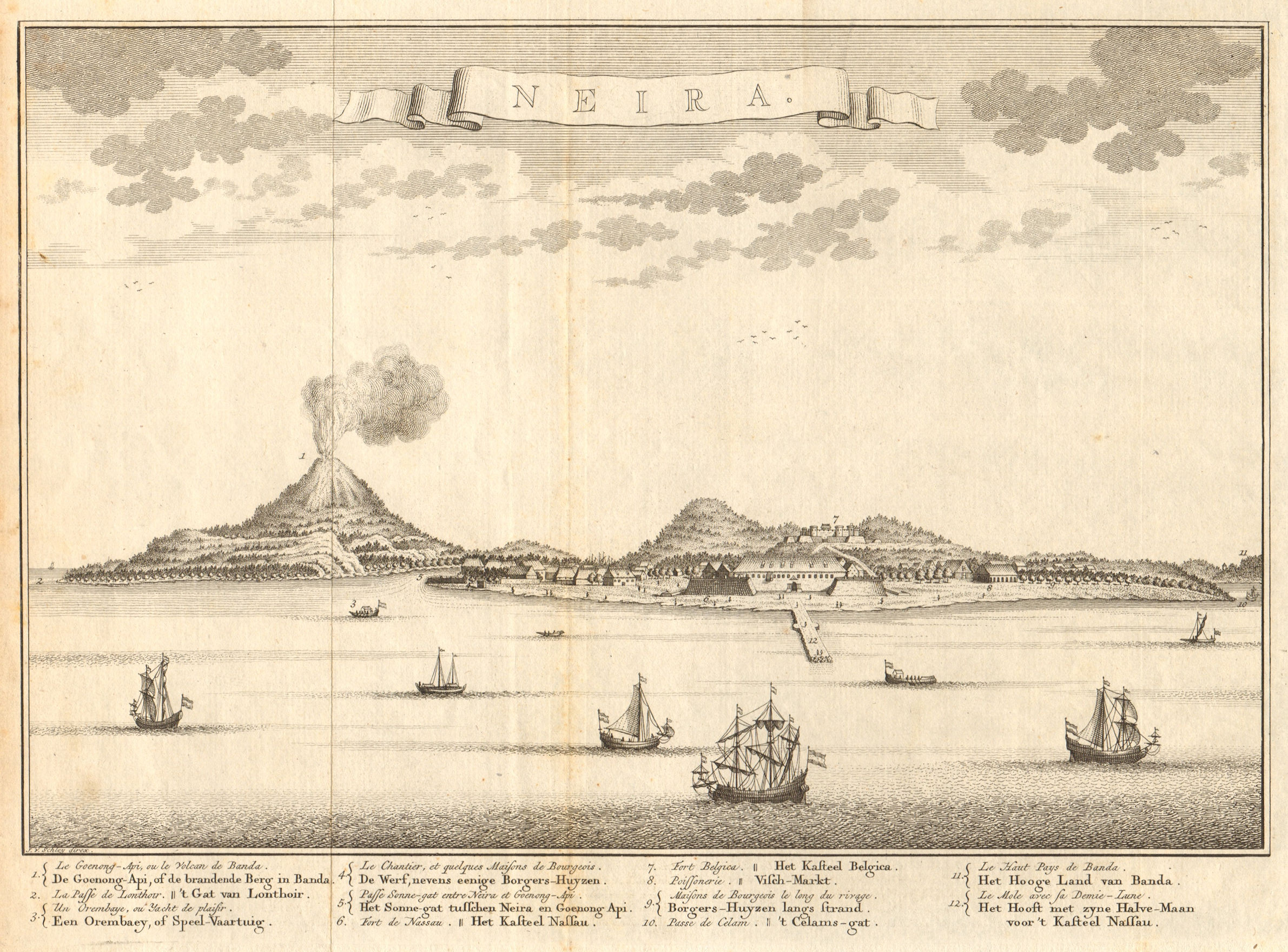 Banda Neira & Api volcano, Molucca / Maluku Islands. Fort Belgica. SCHLEY 1755