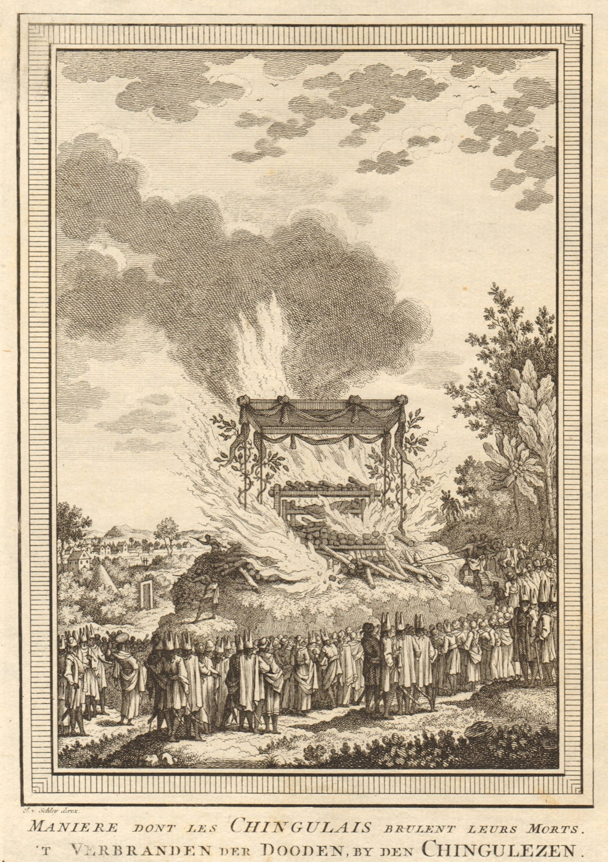 'Les Chingulais brûlent leurs morts'. Sri Lanka Ceylon. Cremation. SCHLEY 1755
