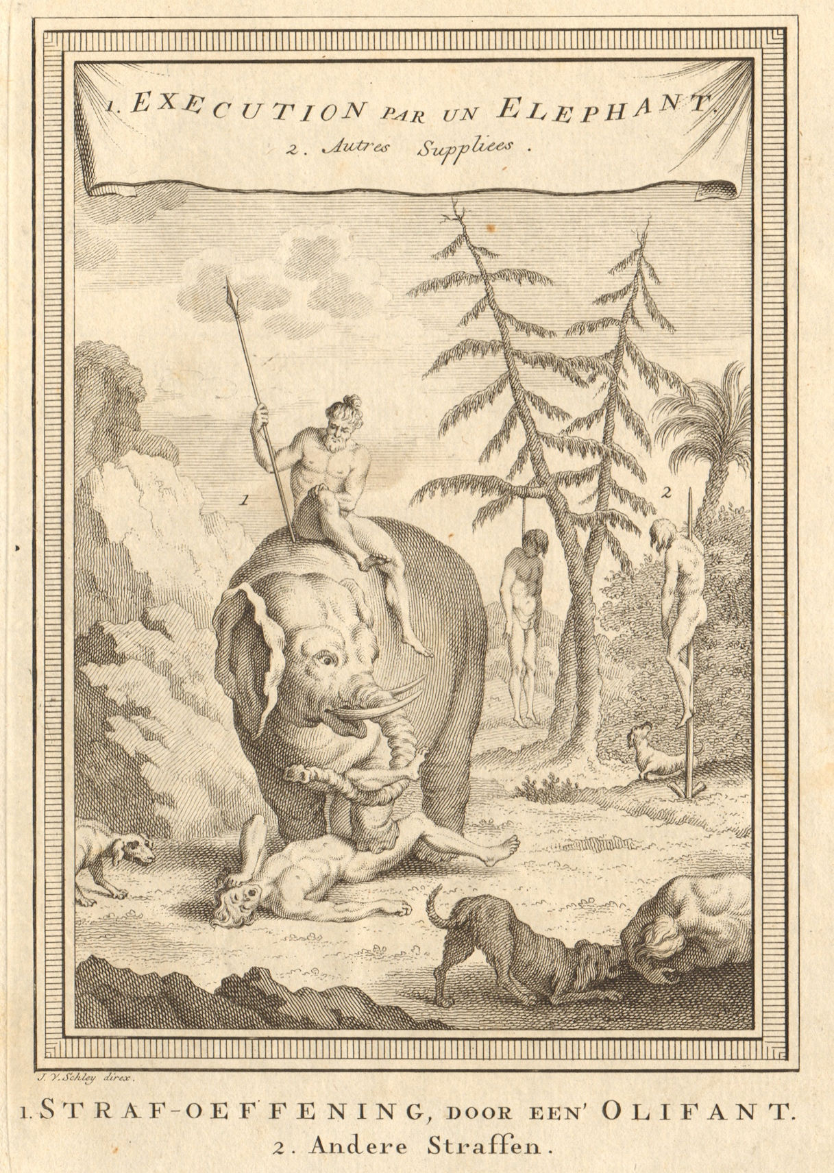 Sri Lanka Ceylon. Execution by elephant. Impaling. Hanging. SCHLEY 1755 print