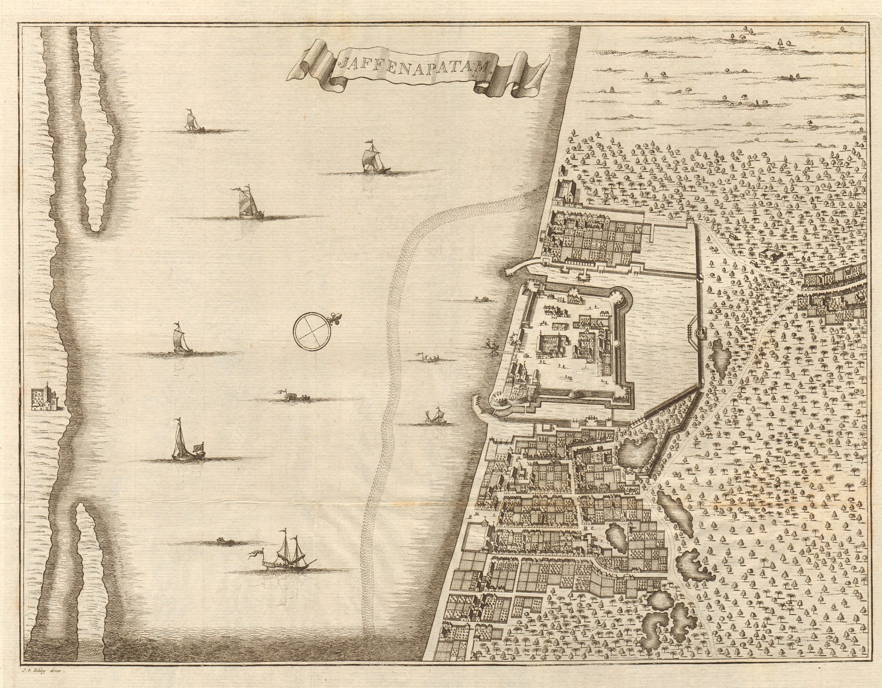 'Jaffenapatam'. Sri Lanka. Jaffna town city plan. BELLIN / SCHLEY 1755 old map
