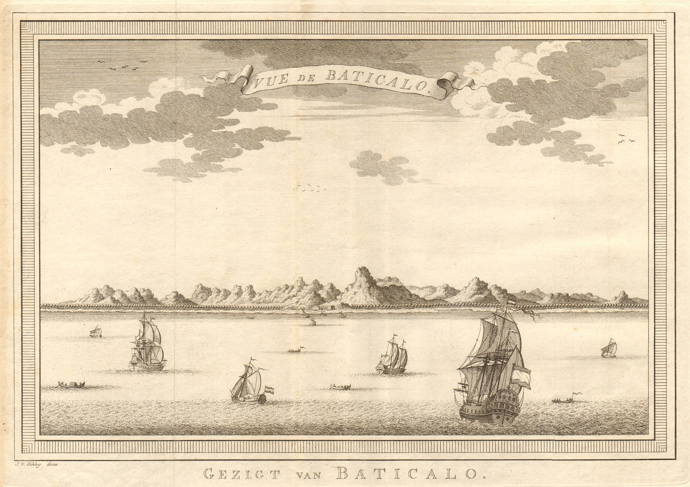 'Vue de Baticalo'. View of Batticaloa, Sri Lanka. Ceylon. SCHLEY 1755 print