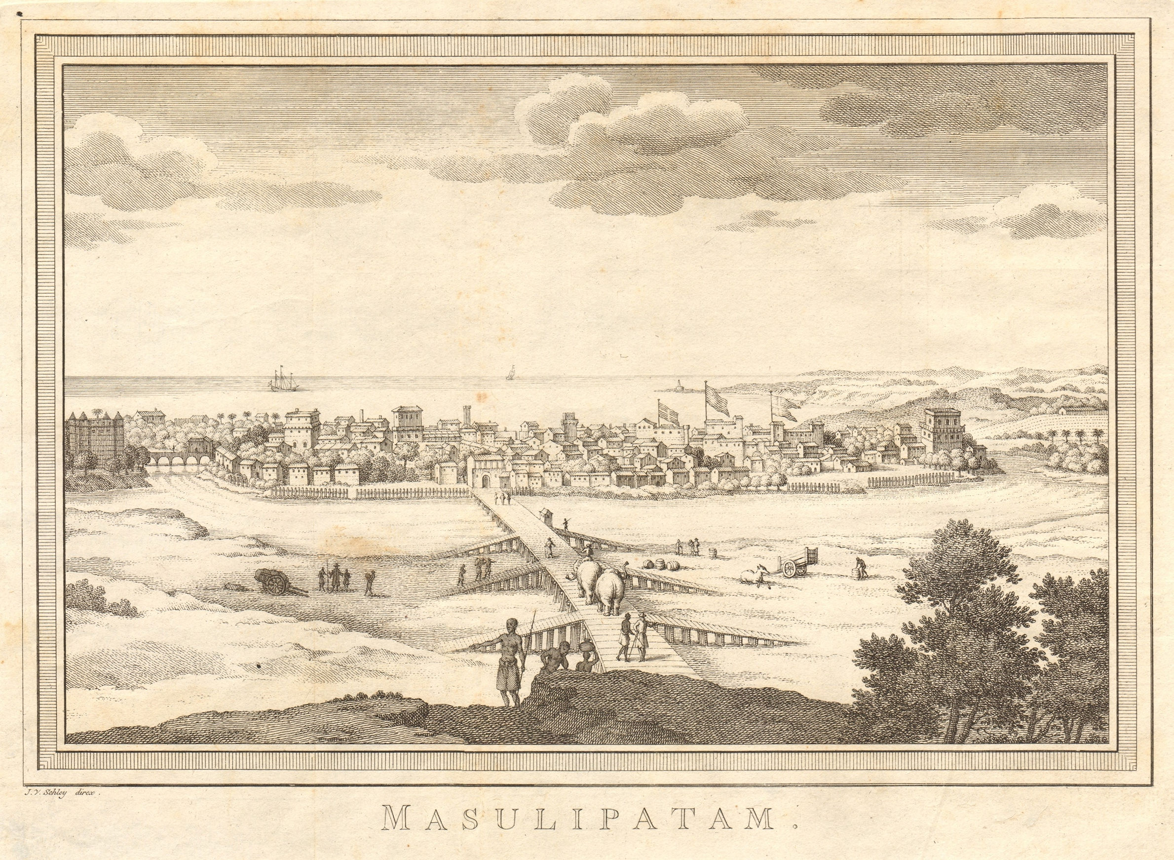 'Masulipatan'. View of Machilipatnam, Andhra Pradesh, India. SCHLEY 1755 print