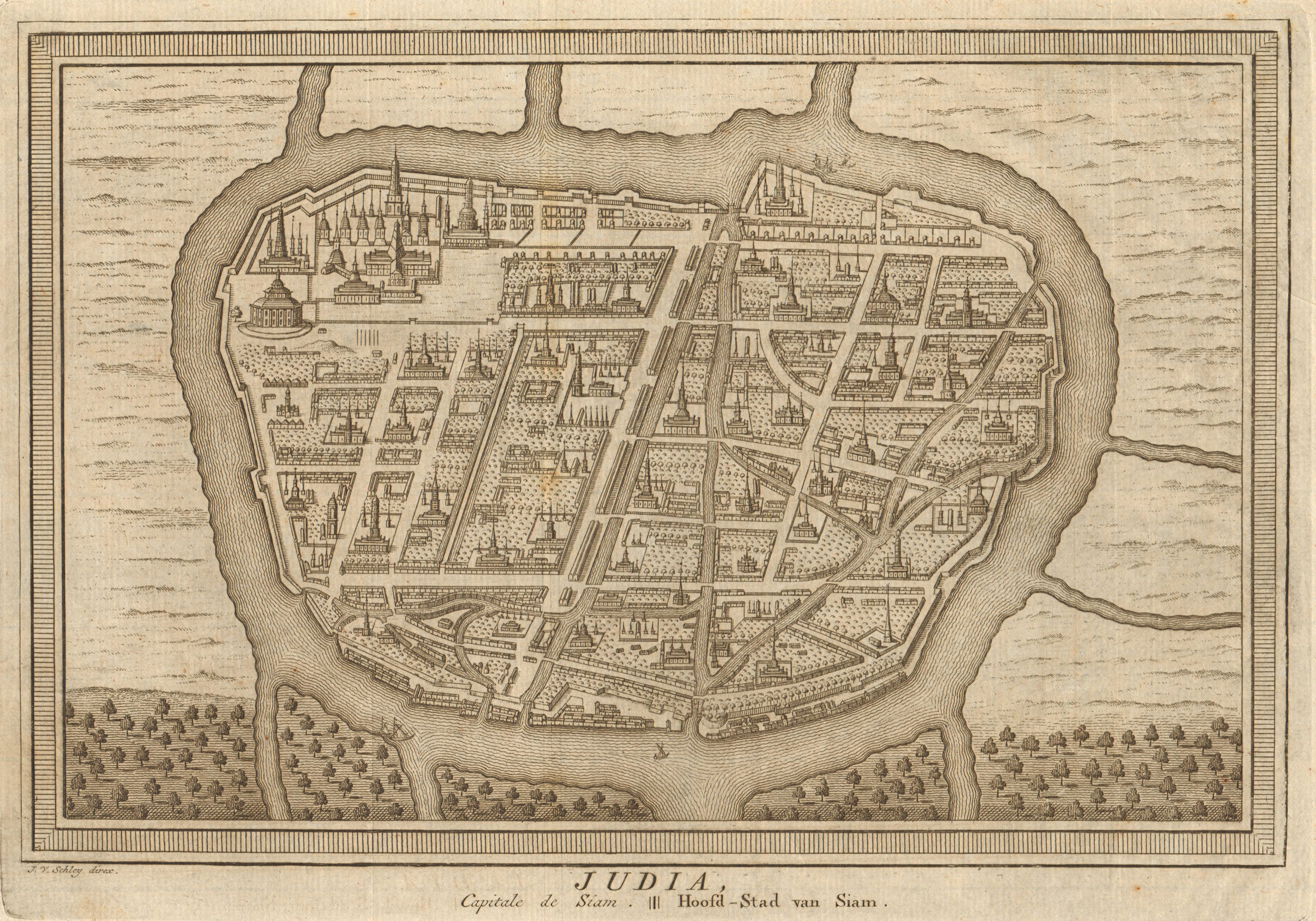 'Judia, Capitale de Siam'. Thailand. Ayutthaya city plan. BELLIN/SCHLEY 1755 map