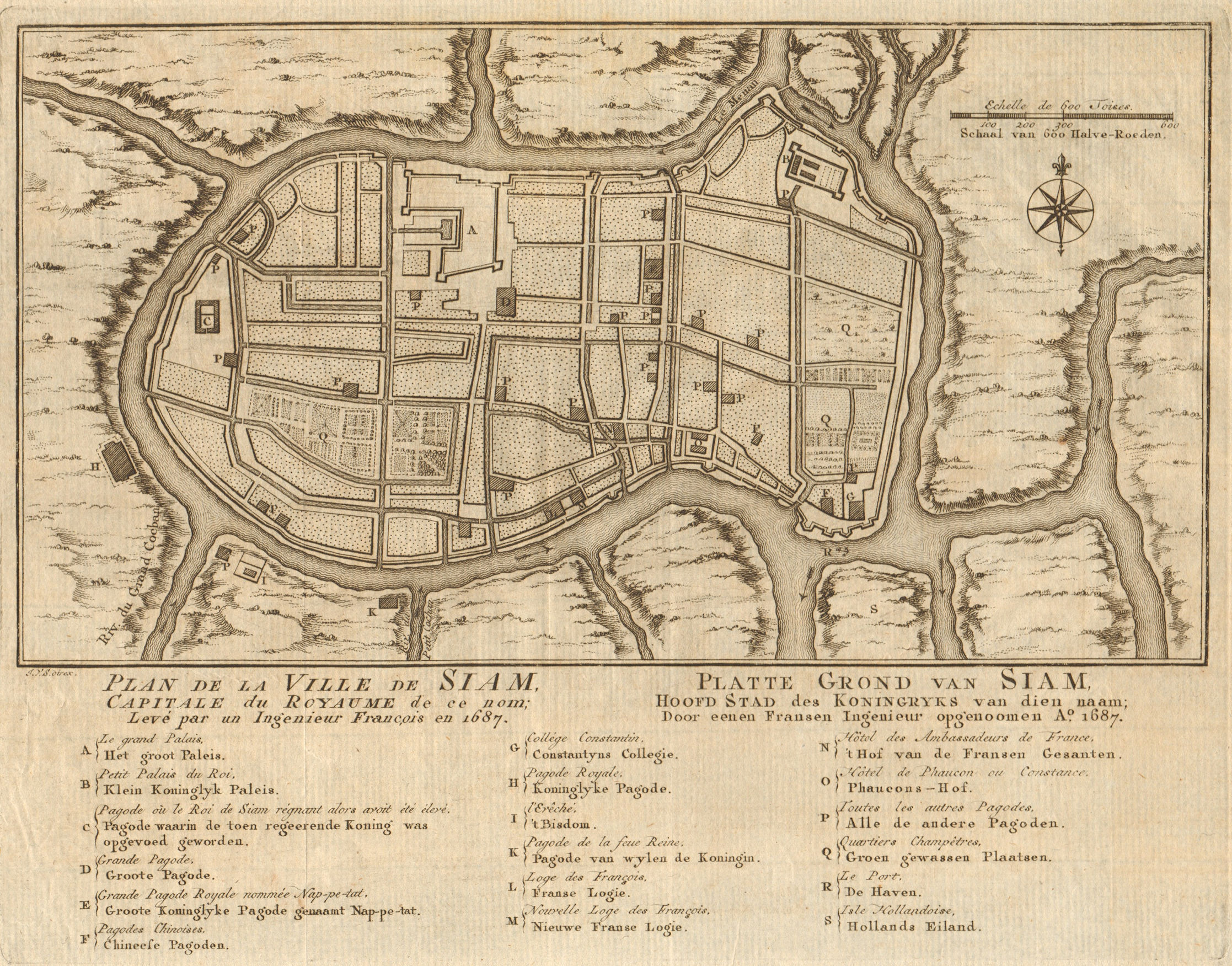 'Plan de la Ville de Siam'. Ayutthaya city plan, Thailand BELLIN/SCHLEY 1755 map