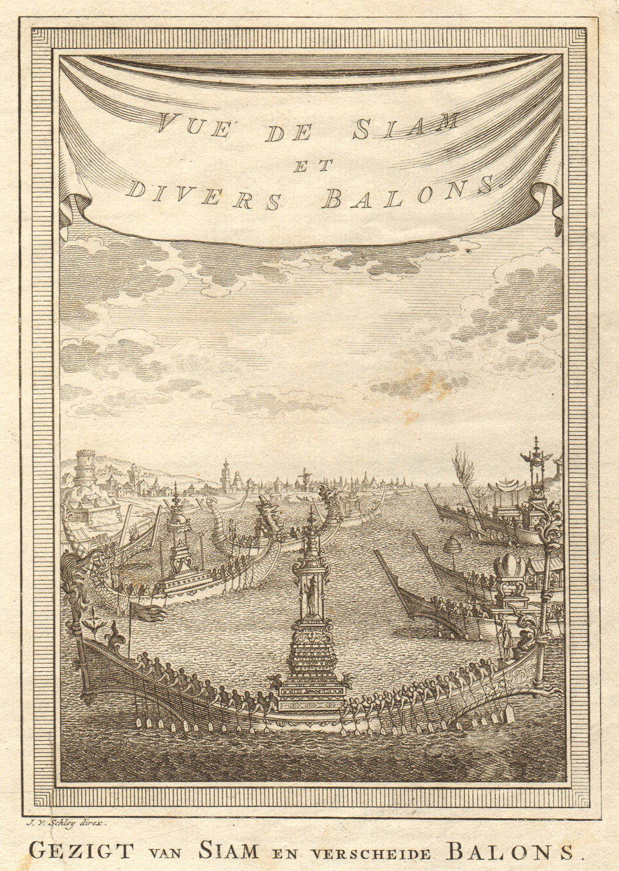 'Vue de Siam & divers balons'. View of Ayutthaya, Thailand. Barges. SCHLEY 1755