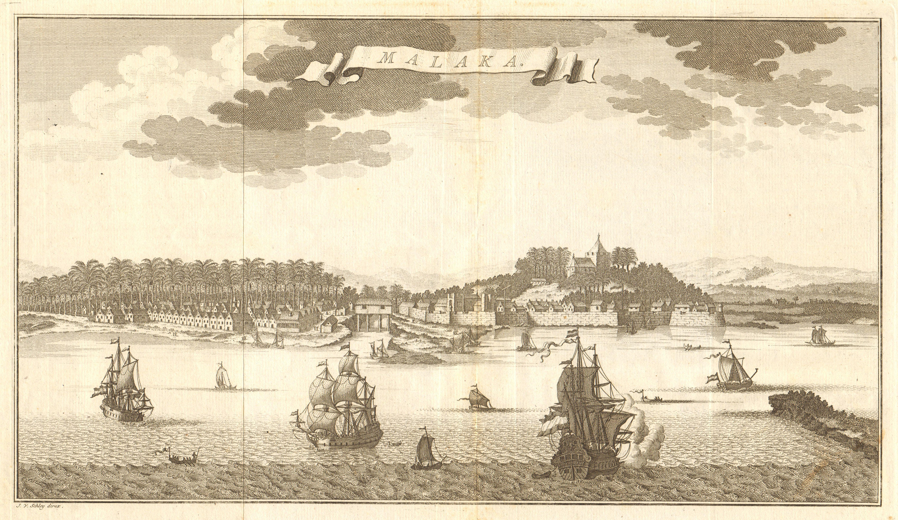 'Malaka'. View of Malacca city, Malaysia. East Indies. SCHLEY 1755 old print