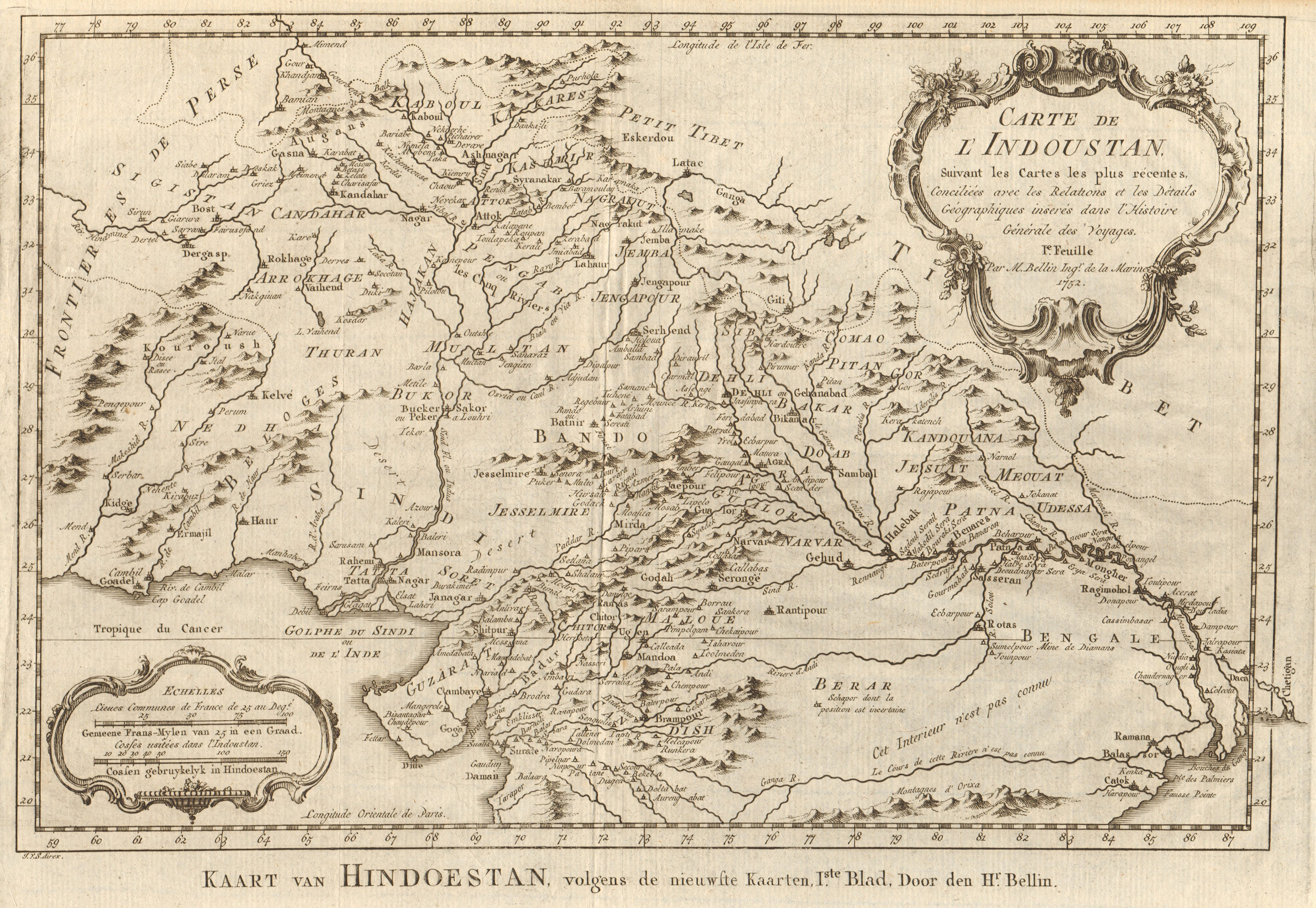 'Indoustan'. India north sheet. Hindustan Pakistan Nepal. BELLIN/SCHLEY 1755 map