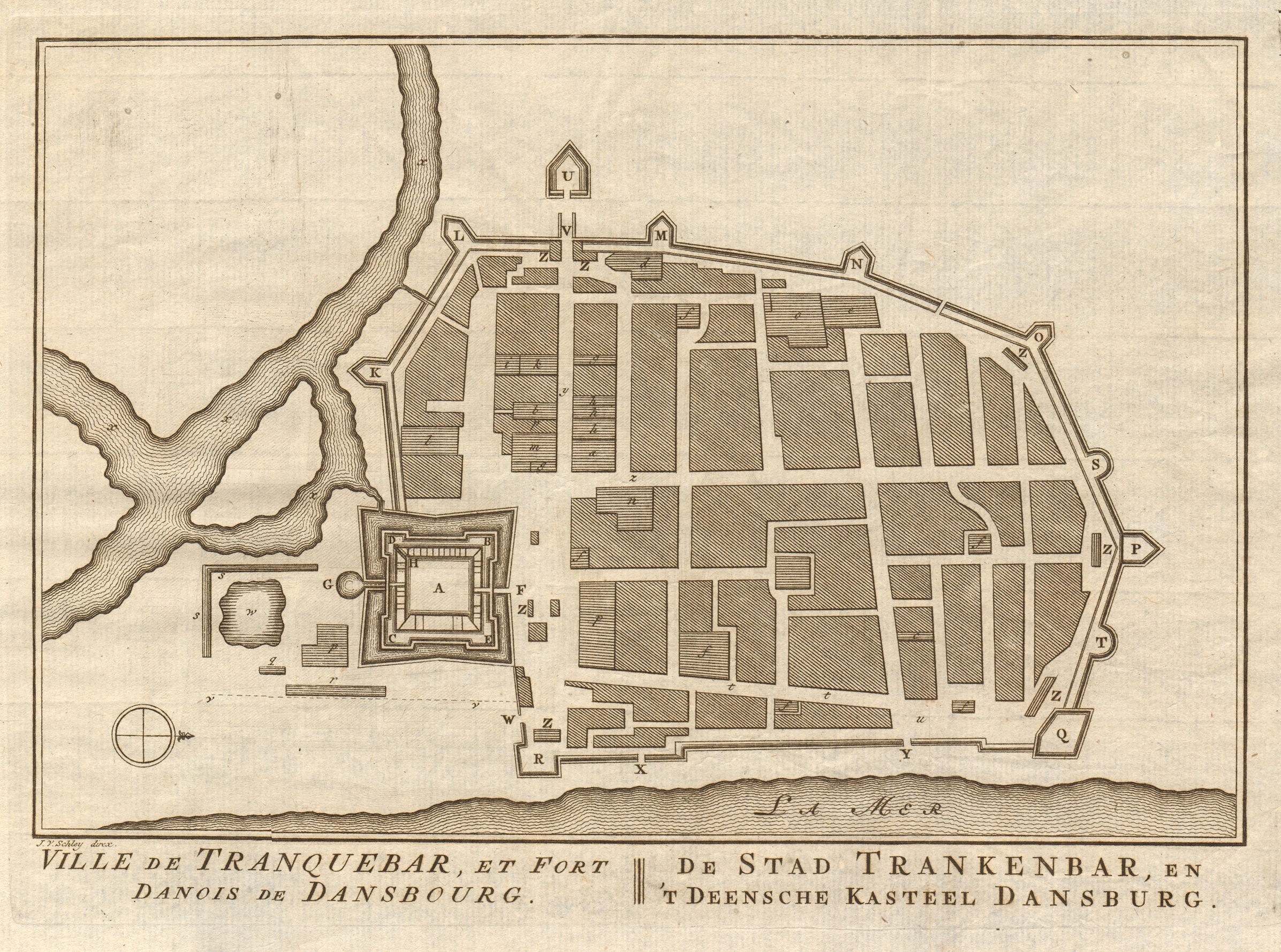 'Ville de Tranquebar &… Dansbourg'. Tharangambadi. BELLIN/SCHLEY 1756 old map
