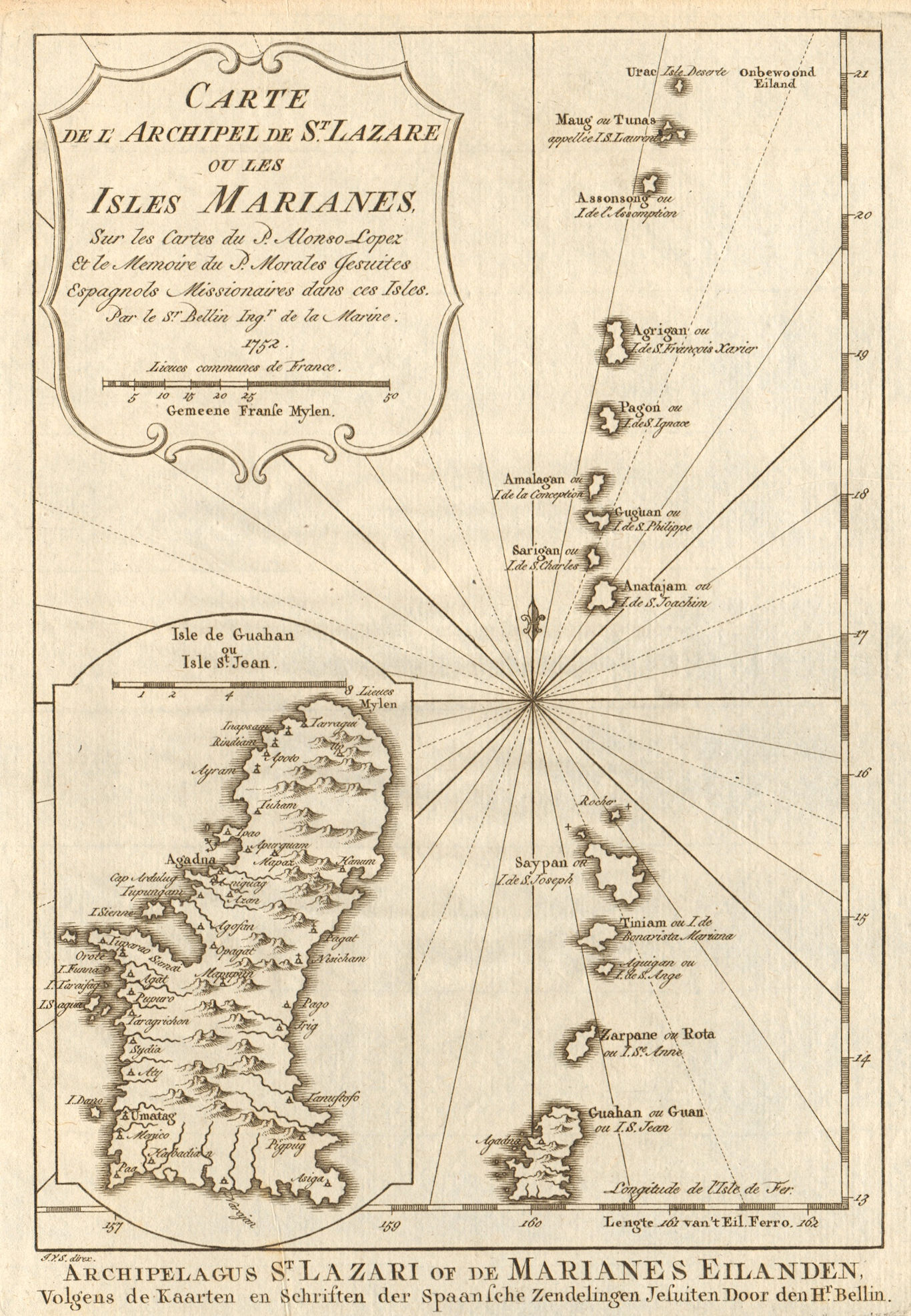 'Archipel de St. Lazare ou… Marianes'. Guam Saipan. BELLIN/SCHLEY 1756 old map