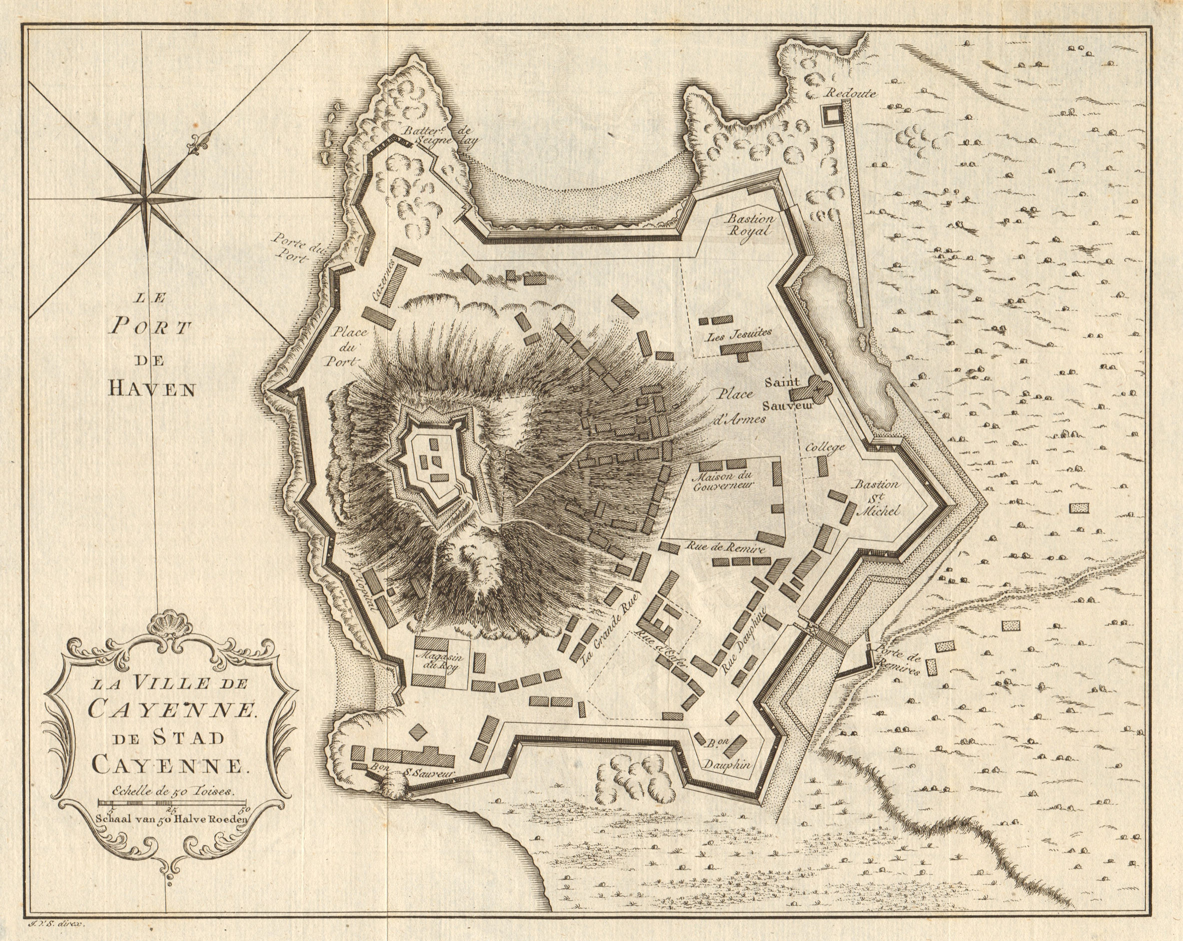 Associate Product 'La ville de Cayenne'. French Guiana. Town city plan. BELLIN / SCHLEY 1757 map