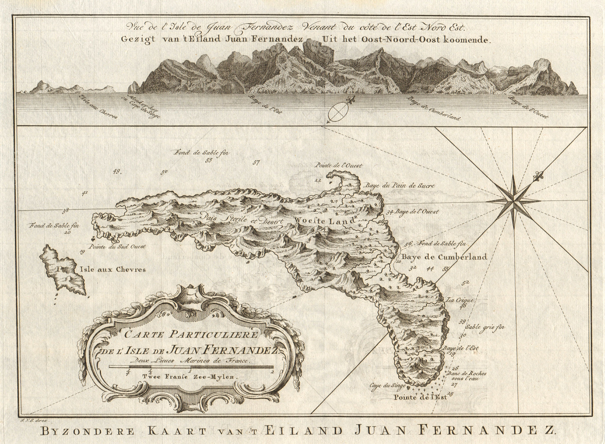 Isla Robinson Crusoe island, Juan Fernandez, Chile. BELLIN/SCHLEY 1757 old map