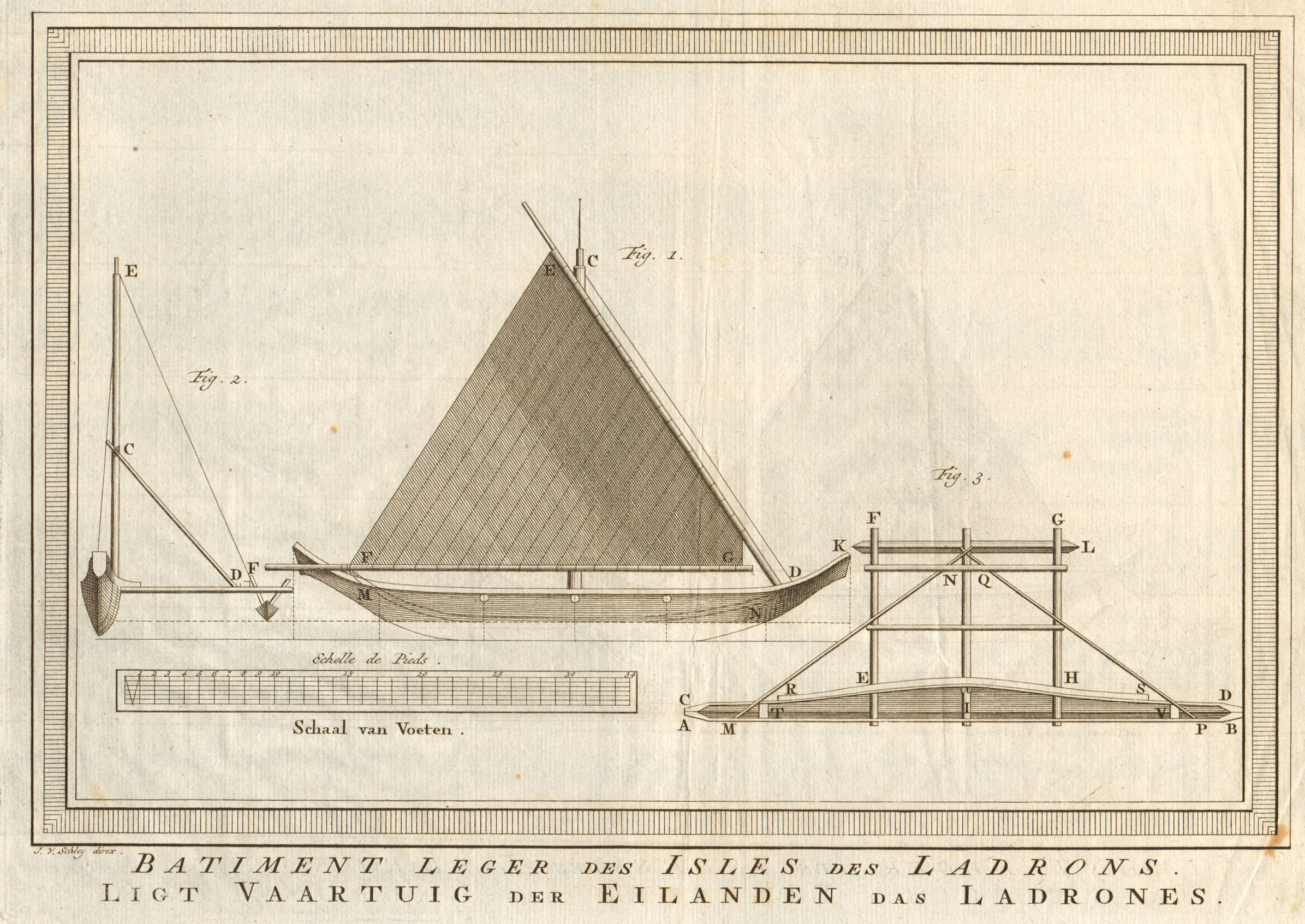 Batiment leger des Isles des Ladrons. Proa sail boat Mariana islands SCHLEY 1757