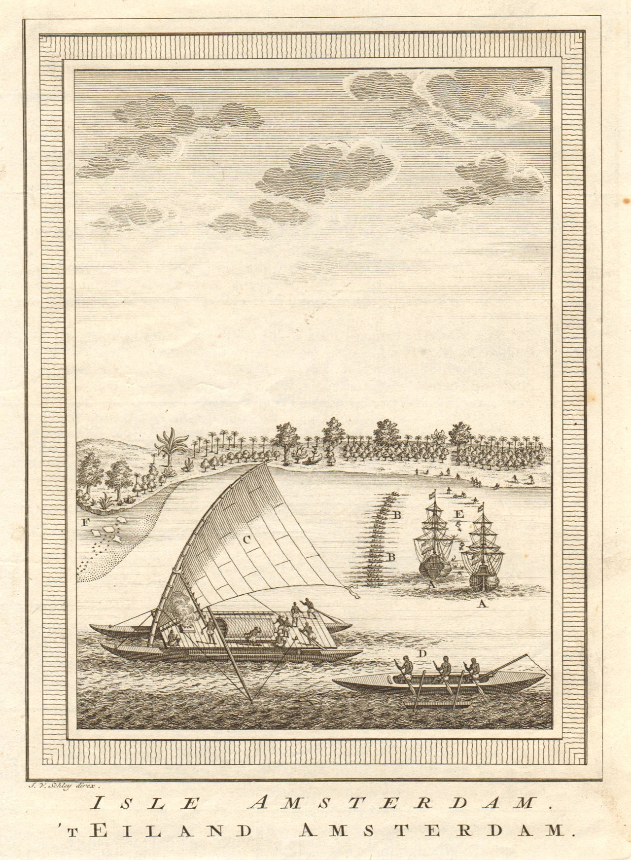 Associate Product 'Isle Amsterdam'. Abel Tasman at Tongatapu, Tonga 1643. Pirogues. SCHLEY 1758