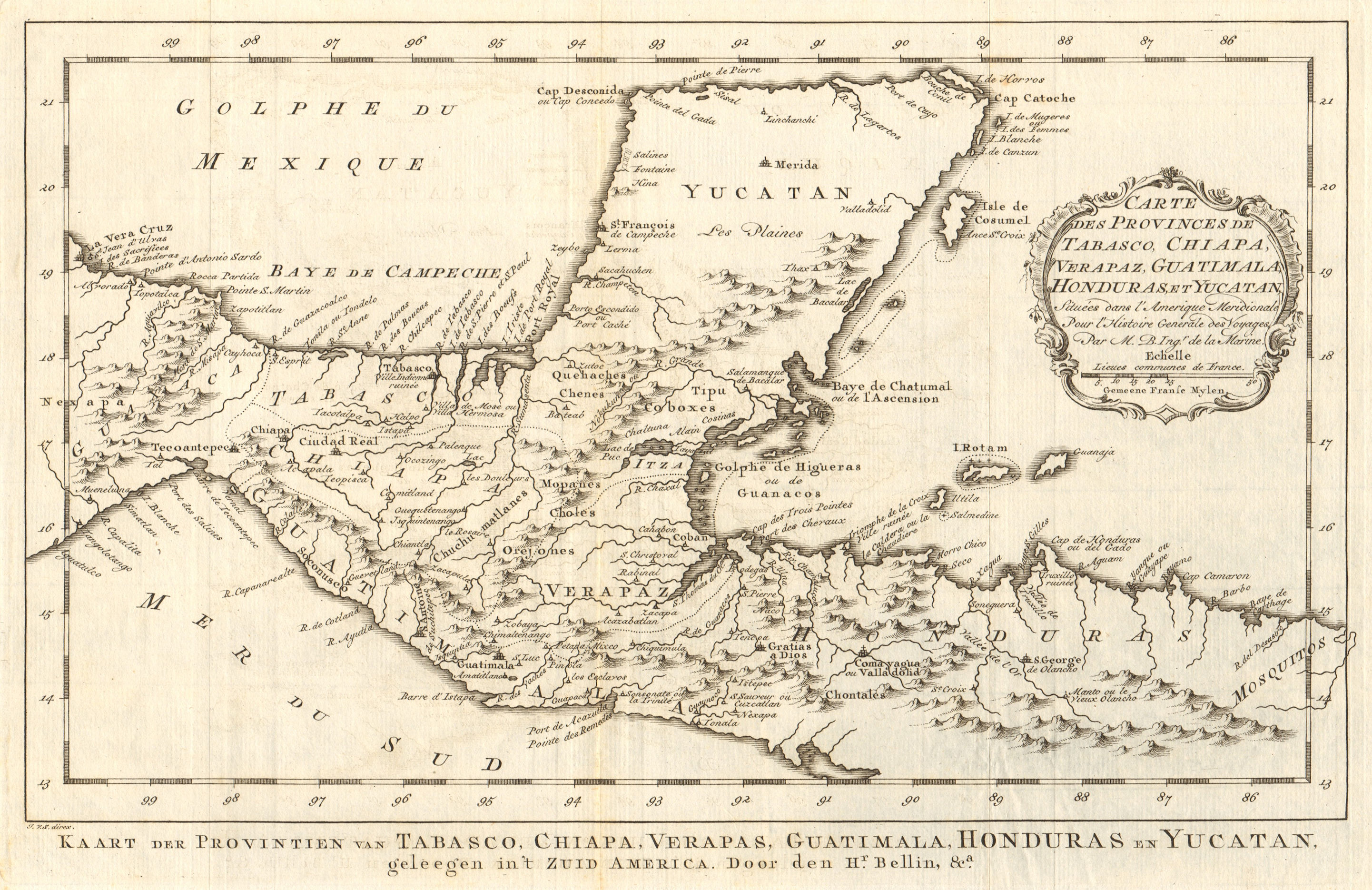 'Tabasco, Chiapa, Verapaz, Guatimala, Honduras & Yucatan' BELLIN/SCHLEY 1758 map
