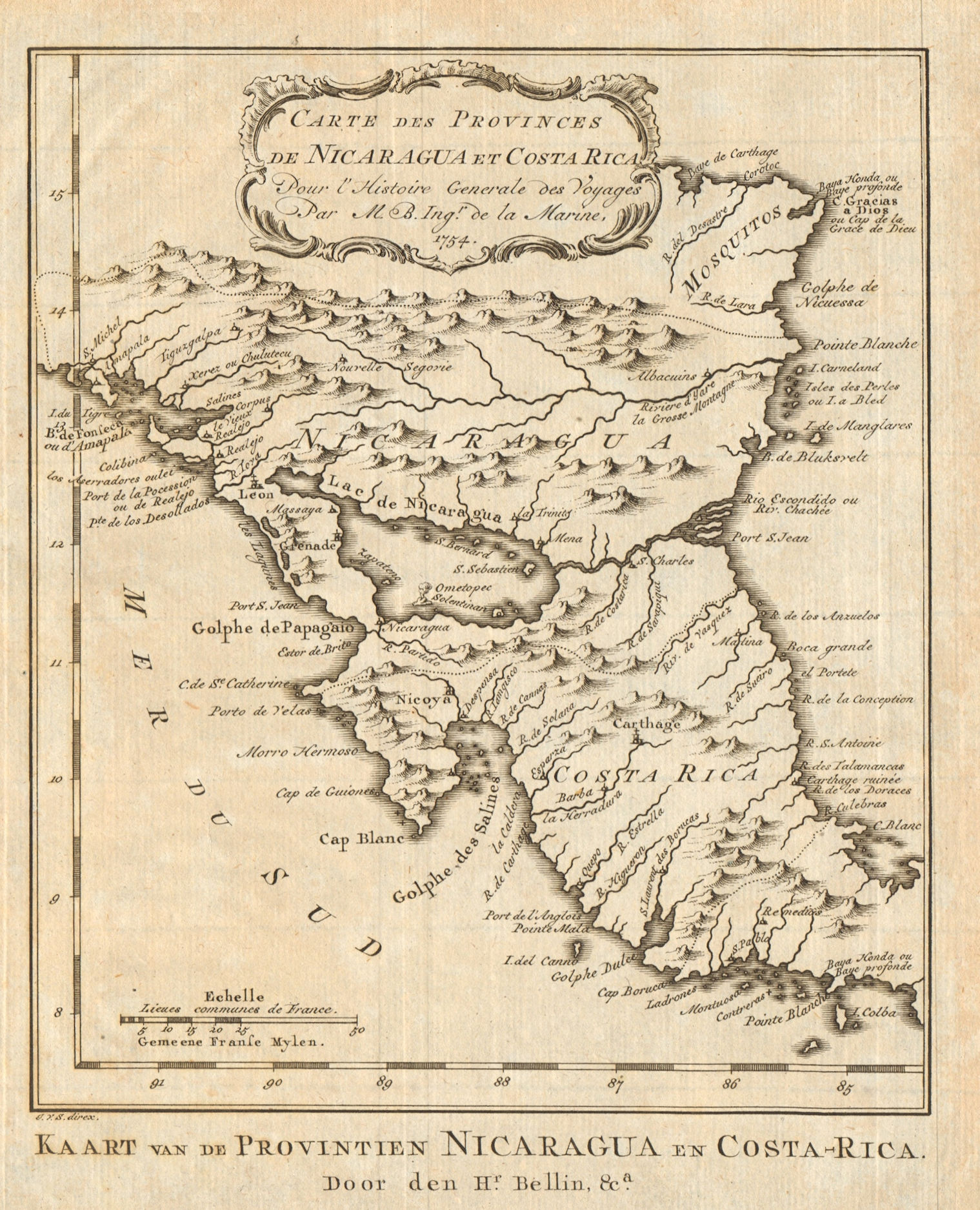 'Carte des Provinces de Nicaragua et Costa Rica'. BELLIN/SCHLEY 1758 old map