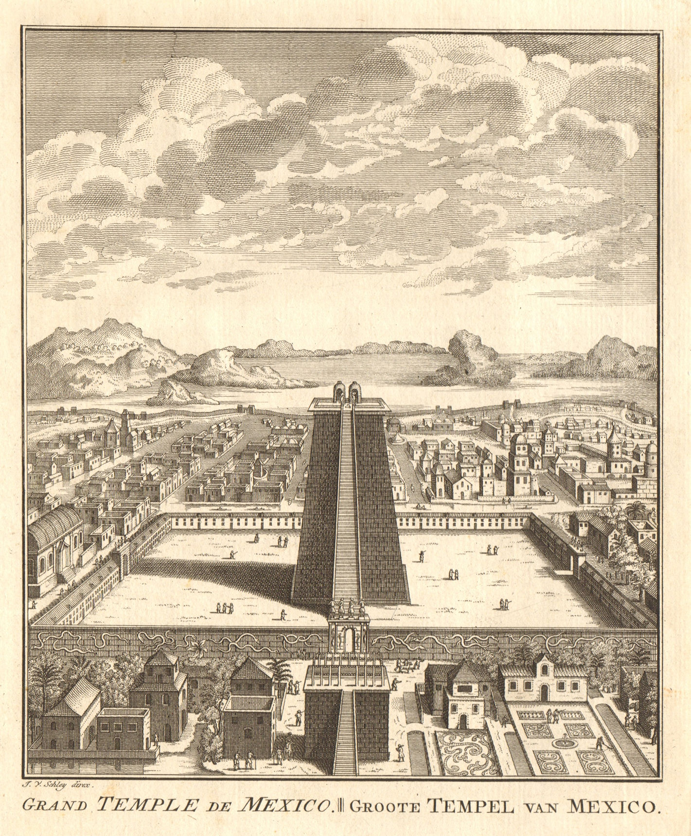 Great Temple or Templo Mayor, Tenochtitlan-Mexico City. SCHLEY 1758 old print