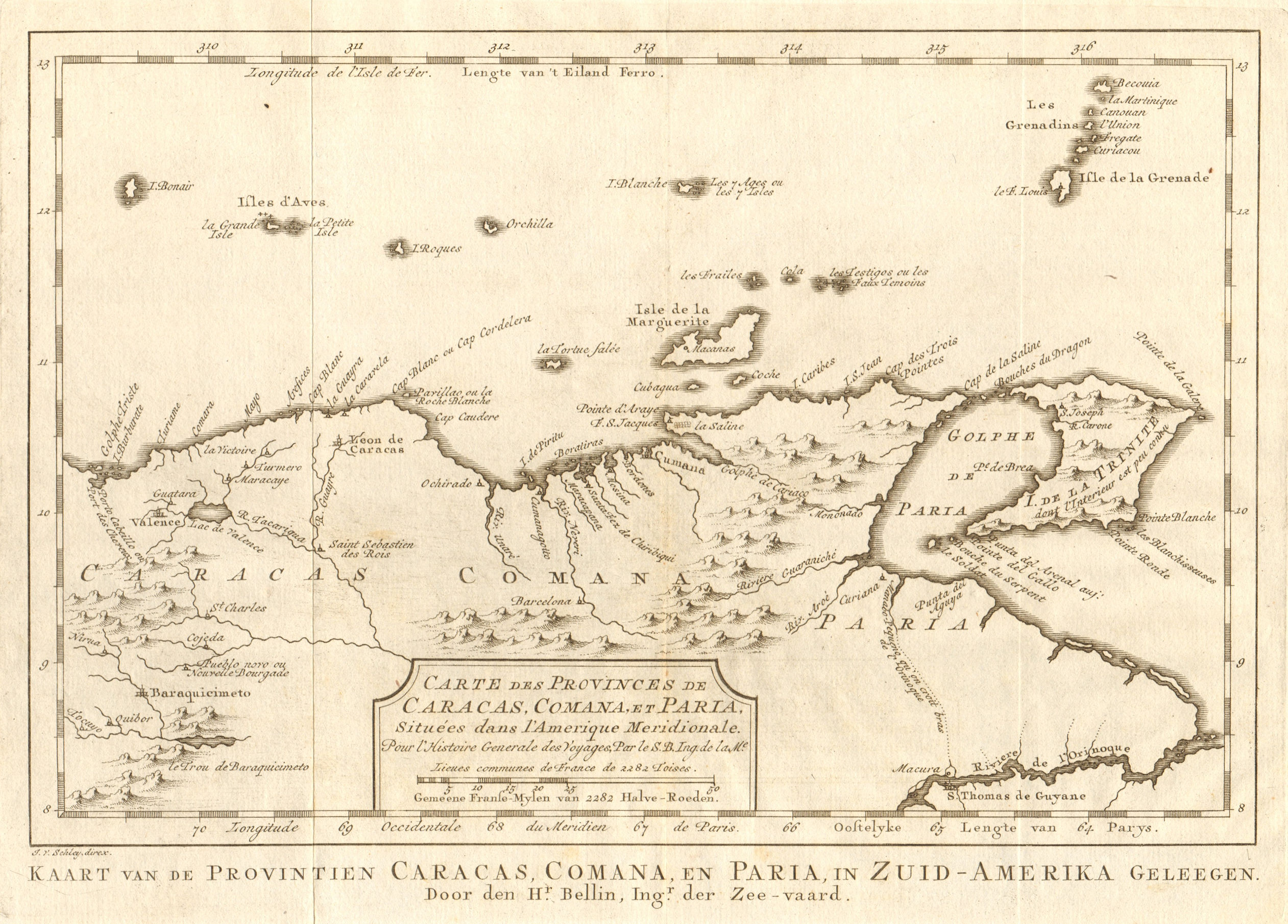 Carte des Provinces de Caracas, Comana & Paria. Venezuela BELLIN/SCHLEY 1762 map